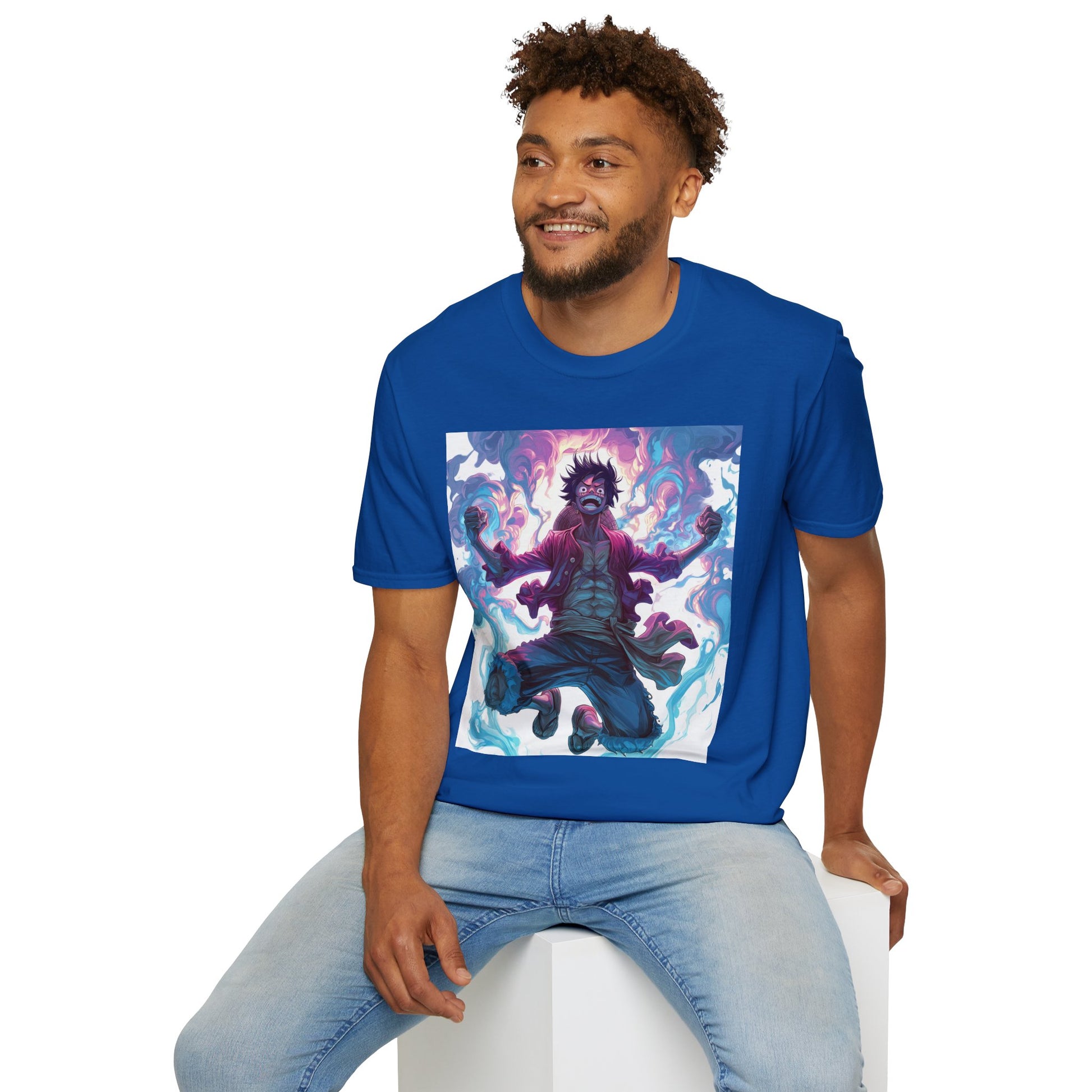 Luffy Pirate King Tee -  one piece luffy pirate king anime shirt graphic tee unisex King of the Pirates Tee – Luffy mid-air with red shirt, fists clenched and cosmic energy