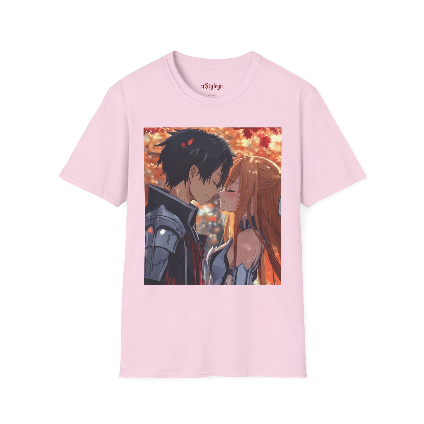 Black Knight Fantasy Tee - fantasy romance black knight anime shirt graphic tee unisex Black Knight & Golden Flash Tee – Kirito and Asuna under autumn leaves