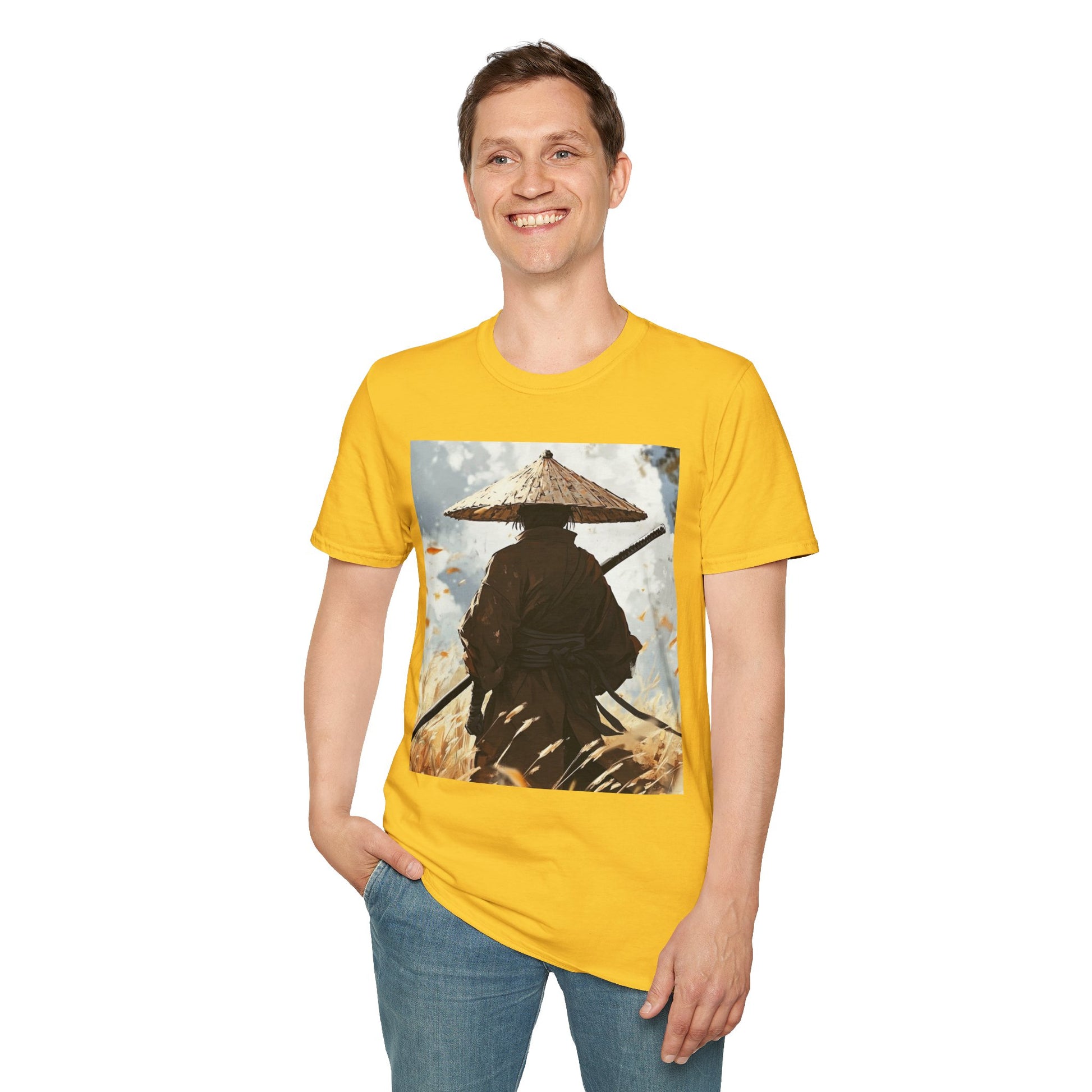 Vagabond Samurai Tee -  samurai vagabond japanese culture anime shirt graphic tee unisex Vagabond Swordsman Tee – Lone samurai in windswept field with katana and falling autumn leaves