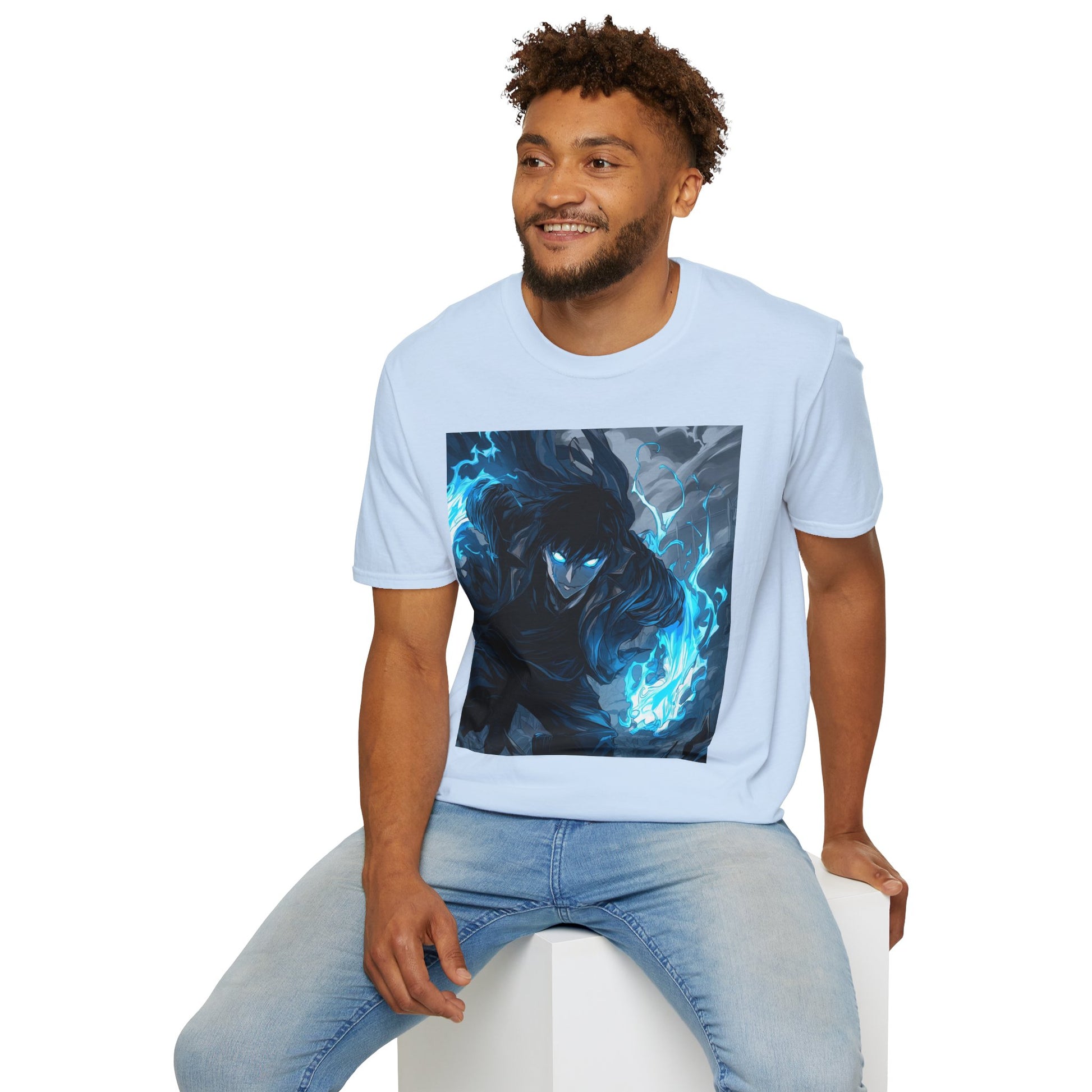 Solo Leveling Shadow Monarch Tee -  solo leveling sung jin woo shadow monarch anime shirt graphic tee unisex Shadow Monarch Tee – Sung Jin Woo engulfed in blue flames with glowing eyes