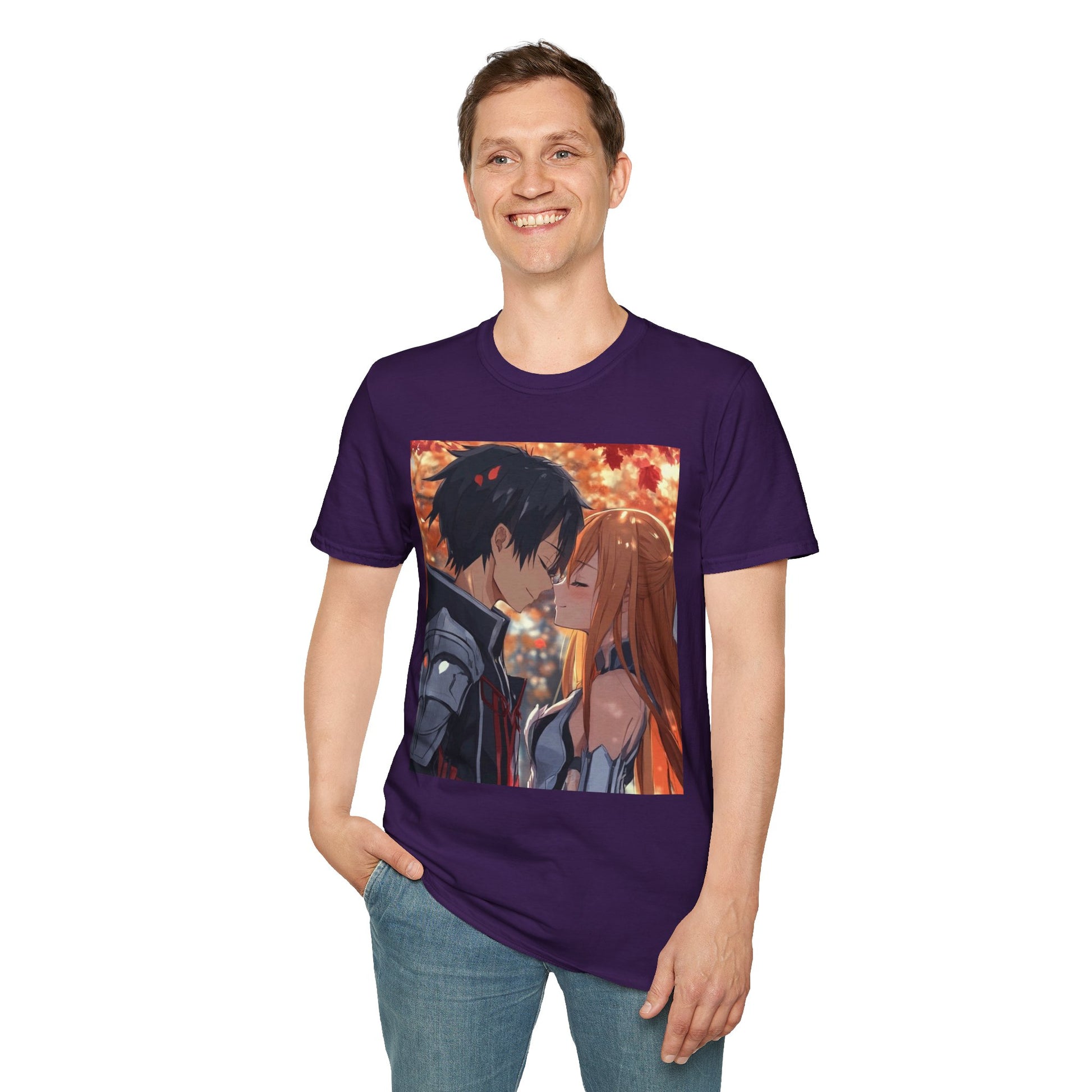 Black Knight Fantasy Tee -  fantasy romance black knight anime shirt graphic tee unisex Black Knight & Golden Flash Tee – Kirito and Asuna under autumn leaves