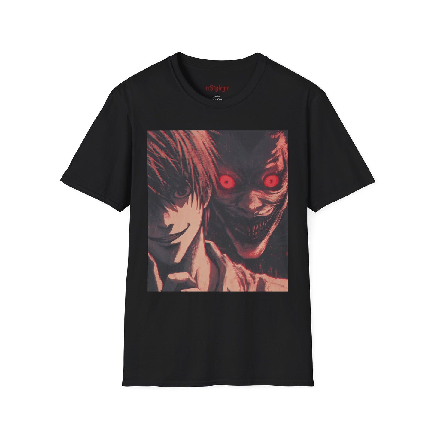 Light Yagami Crimson Tee - death note light yagami anime shirt graphic tee unisex Crimson Light Tee – Light Yagami in crimson and black, evoking Kira’s quiet intensity with the shinigami Ryuk gazing over his shoulder