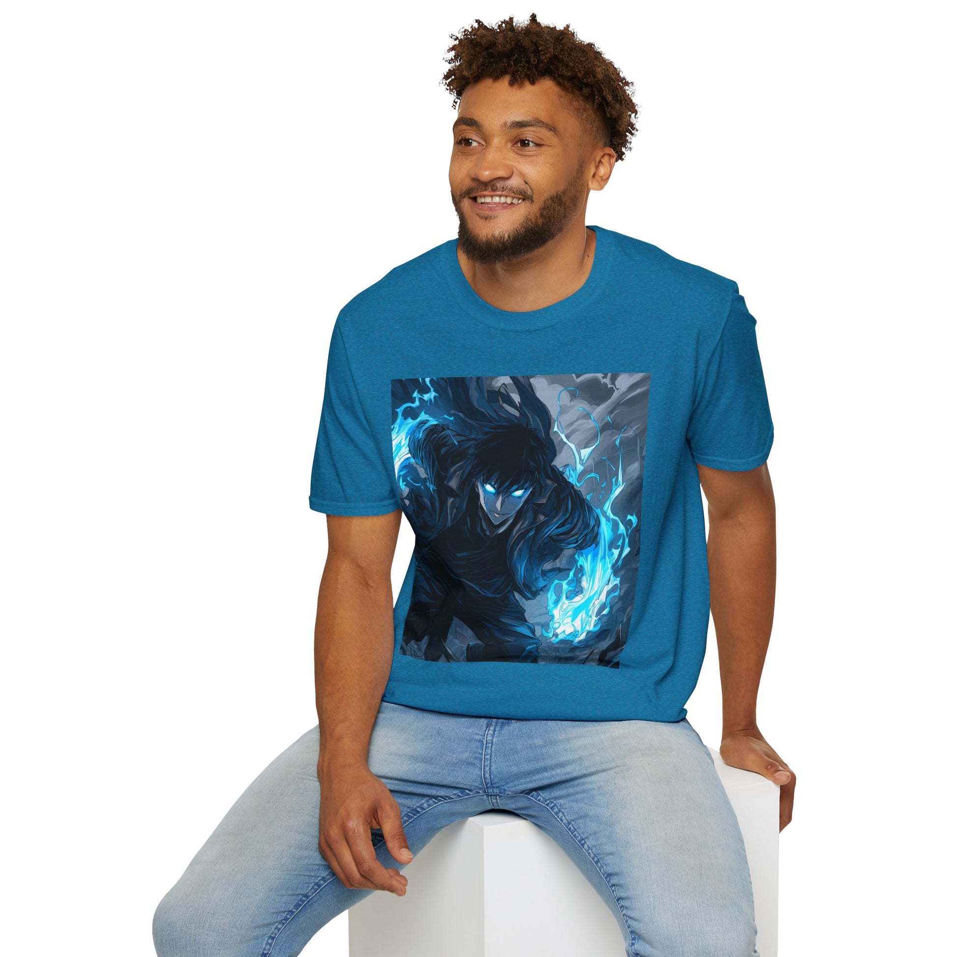 Solo Leveling Shadow Monarch Tee -  solo leveling sung jin woo shadow monarch anime shirt graphic tee unisex Shadow Monarch Tee – Sung Jin Woo engulfed in blue flames with glowing eyes