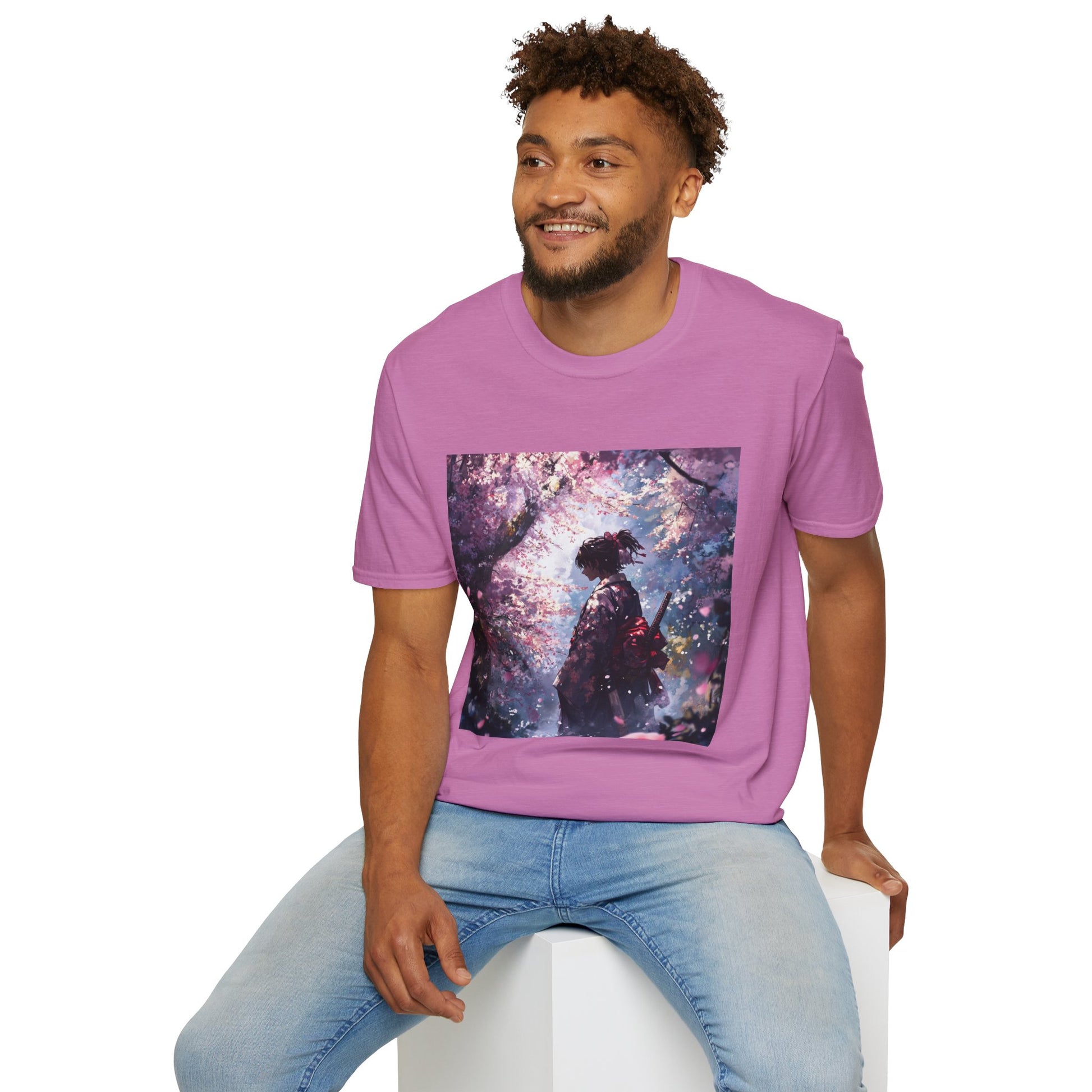 Cherry Blossom Warrior Tee -  samurai cherry blossom japanese culture anime shirt graphic tee unisex Cherry Blossom Samurai Tee – Ornate samurai beneath pink blossoms with katana sheathed