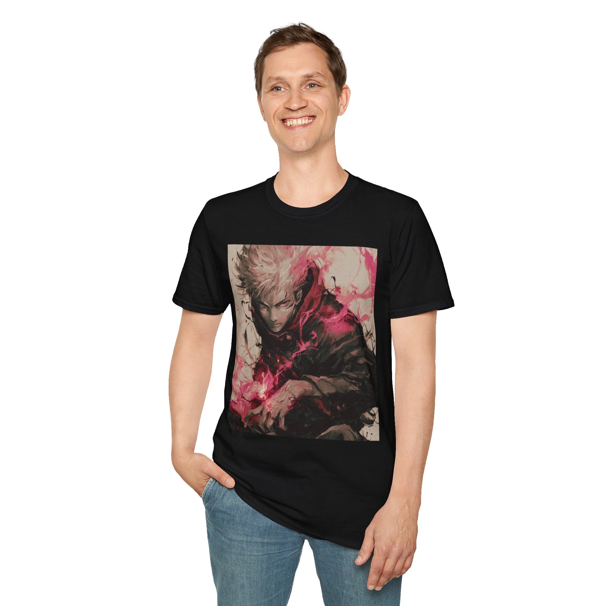 Gojo Limitless Anime Tee -  jujutsu kaisen gojo anime shirt graphic tee unisex Limitless Surge Tee – Satoru Gojo surrounded by swirling cursed energy in pink-red tones