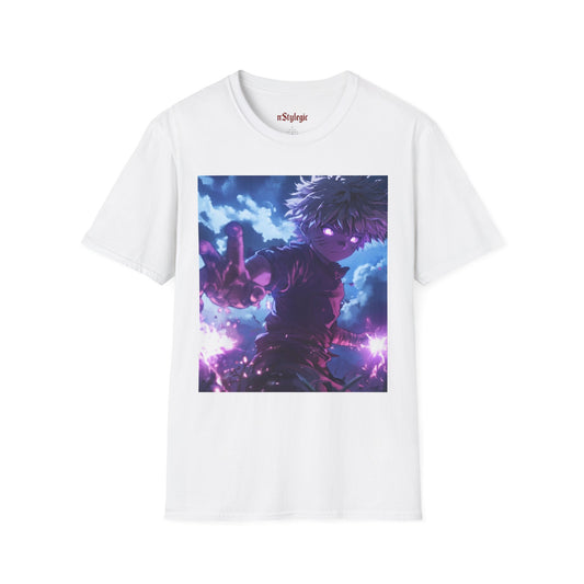 Killua Voltage Anime Tee -  hunter x hunter killua anime shirt graphic tee unisex Killua Voltage Tee – Killua Zoldyck mid-lightning strike with glowing eyes and stormy backdrop