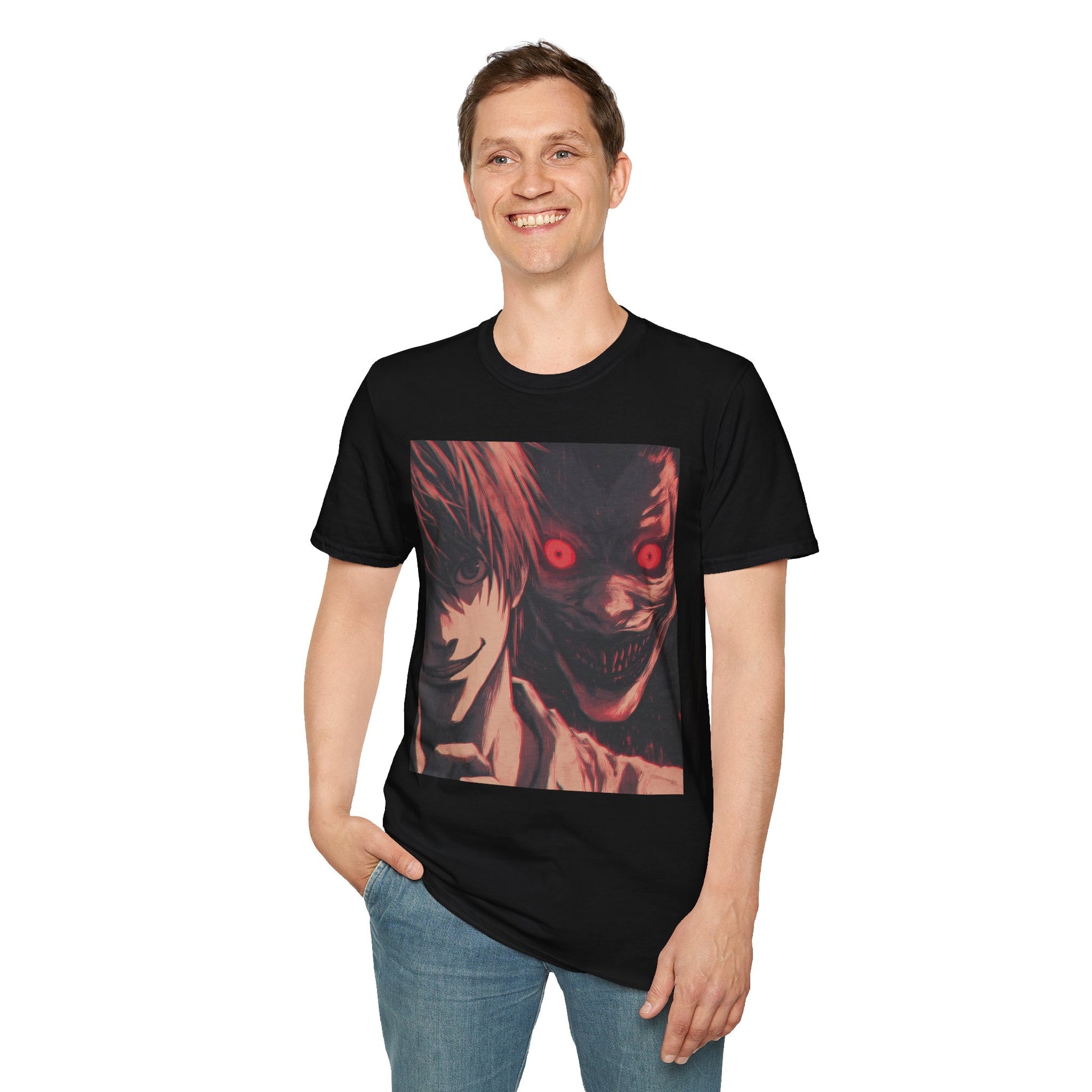 Light Yagami Crimson Tee -  death note light yagami anime shirt graphic tee unisex Crimson Light Tee – Light Yagami in crimson and black, evoking Kira’s quiet intensity with the shinigami Ryuk  gazing over his shoulder