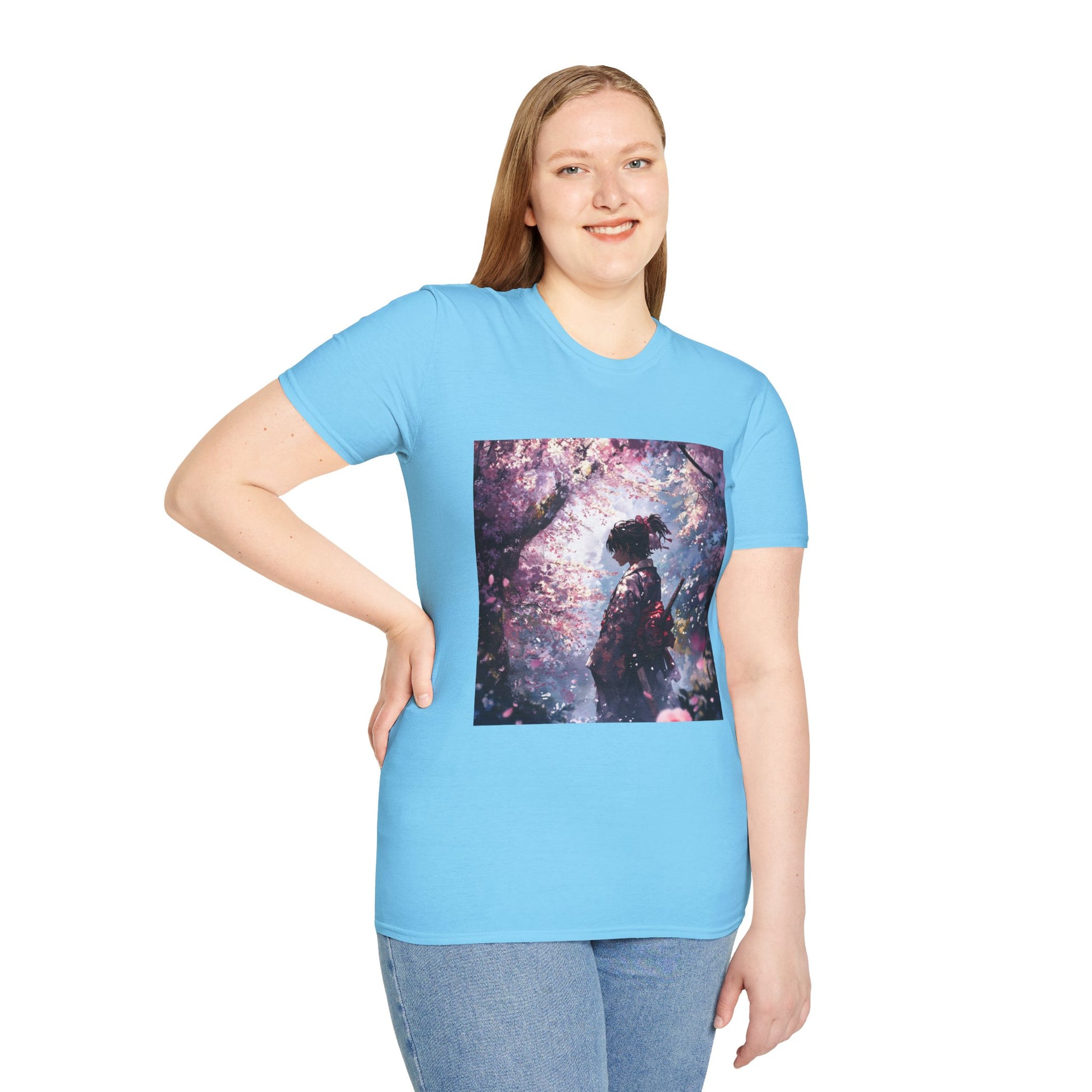 Cherry Blossom Warrior Tee -  samurai cherry blossom japanese culture anime shirt graphic tee unisex Cherry Blossom Samurai Tee – Ornate samurai beneath pink blossoms with katana sheathed