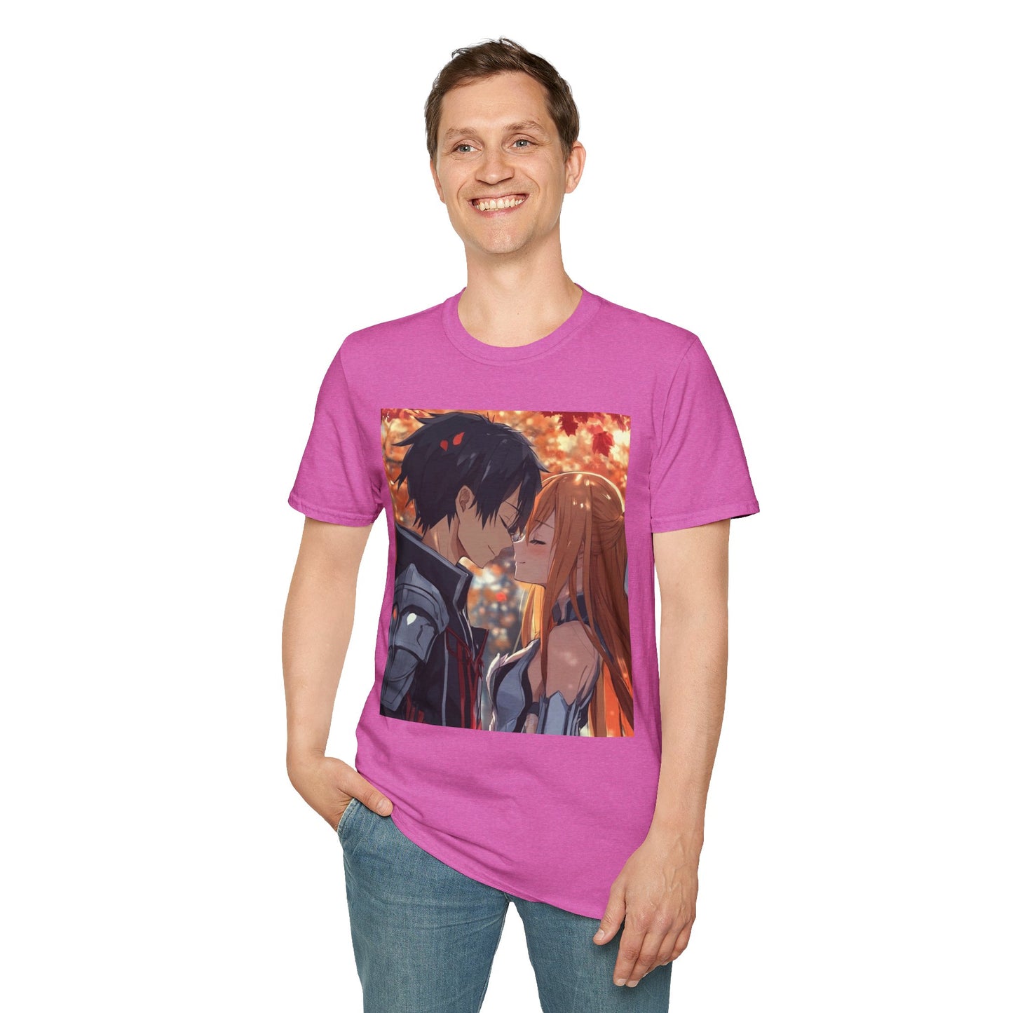 Black Knight Fantasy Tee - fantasy romance black knight anime shirt graphic tee unisex Black Knight & Golden Flash Tee – Kirito and Asuna under autumn leaves