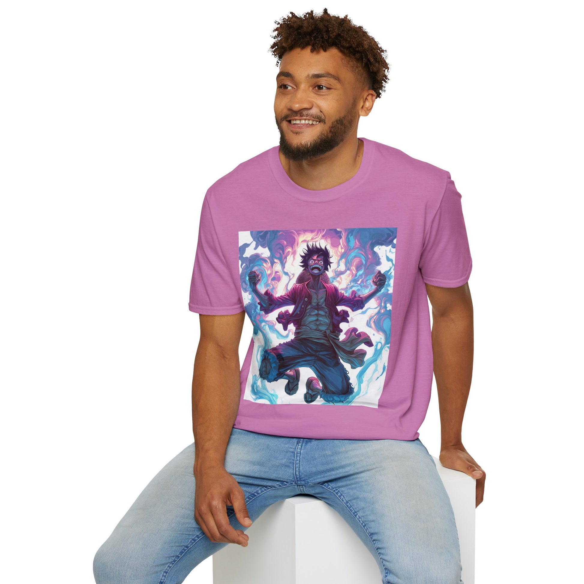 Luffy Pirate King Tee -  one piece luffy pirate king anime shirt graphic tee unisex King of the Pirates Tee – Luffy mid-air with red shirt, fists clenched and cosmic energy