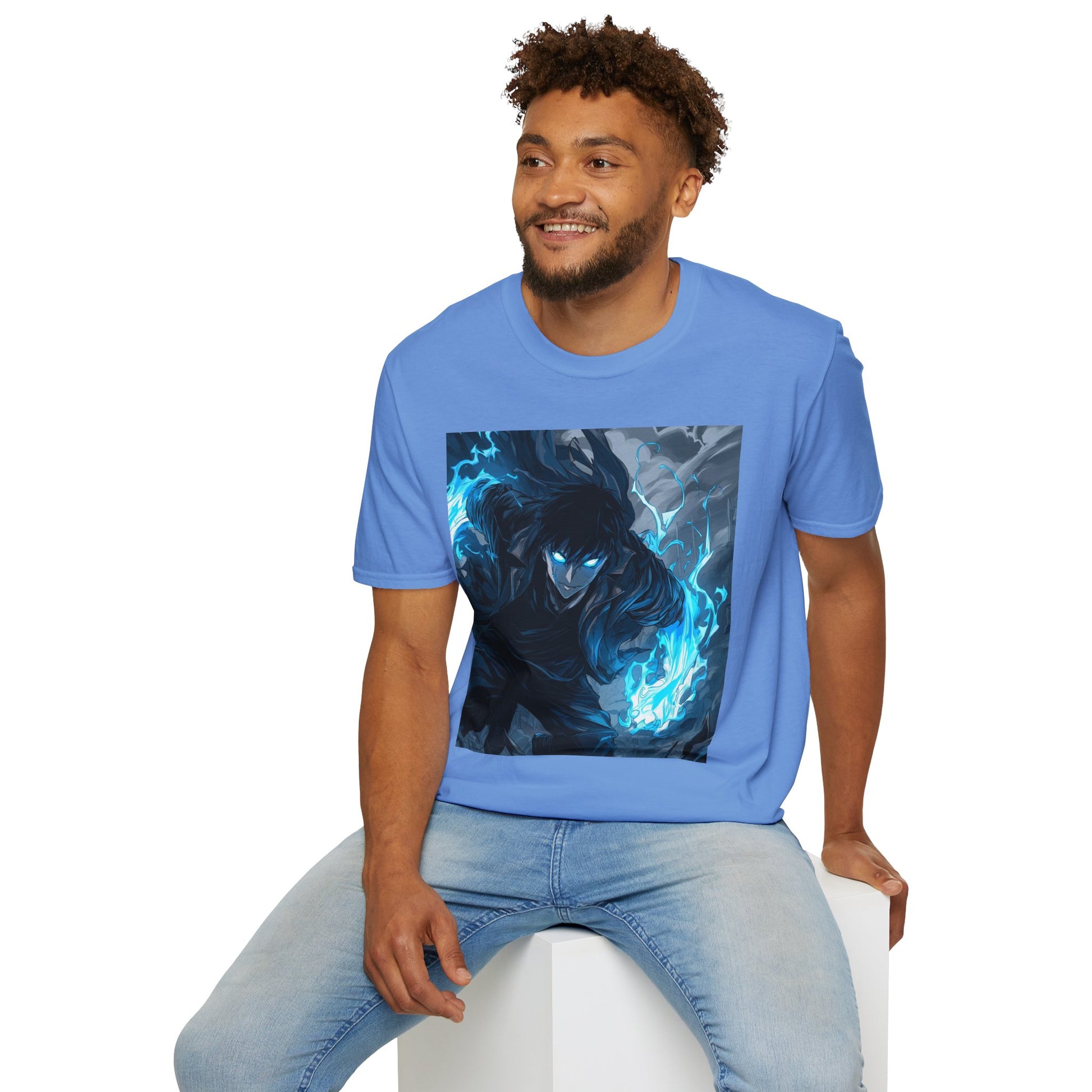 Solo Leveling Shadow Monarch Tee -  solo leveling sung jin woo shadow monarch anime shirt graphic tee unisex Shadow Monarch Tee – Sung Jin Woo engulfed in blue flames with glowing eyes