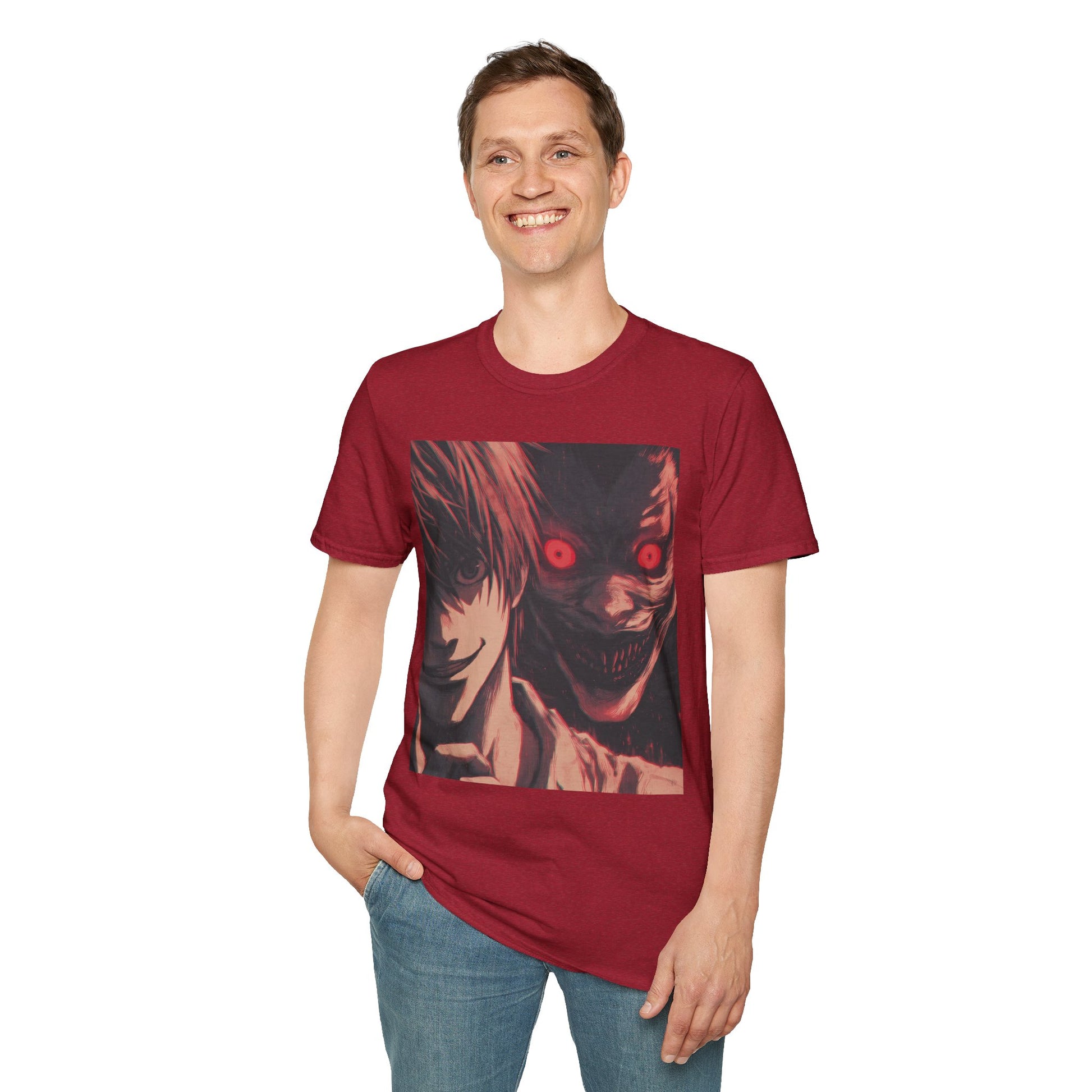 Light Yagami Crimson Tee -  death note light yagami anime shirt graphic tee unisex Crimson Light Tee – Light Yagami in crimson and black, evoking Kira’s quiet intensity with the shinigami Ryuk  gazing over his shoulder