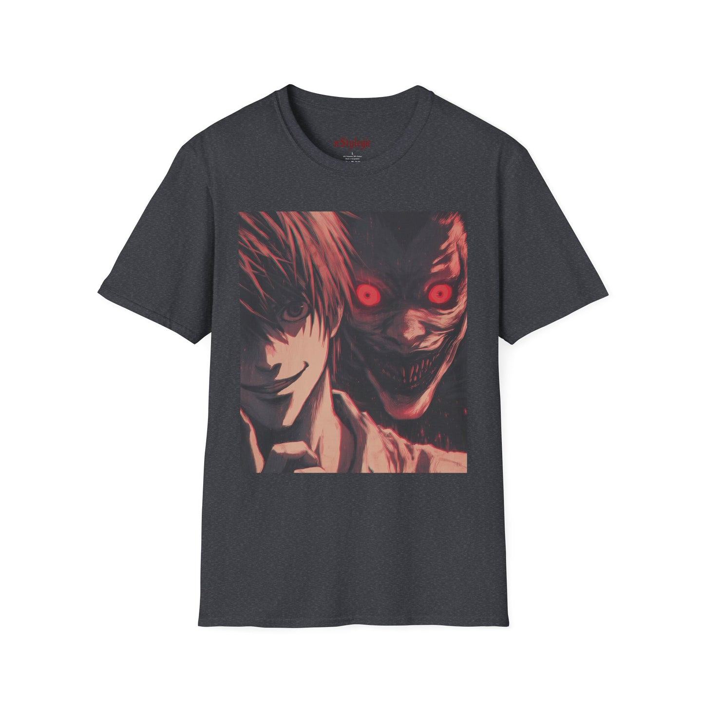 Light Yagami Crimson Tee - death note light yagami anime shirt graphic tee unisex Crimson Light Tee – Light Yagami in crimson and black, evoking Kira’s quiet intensity with the shinigami Ryuk gazing over his shoulder