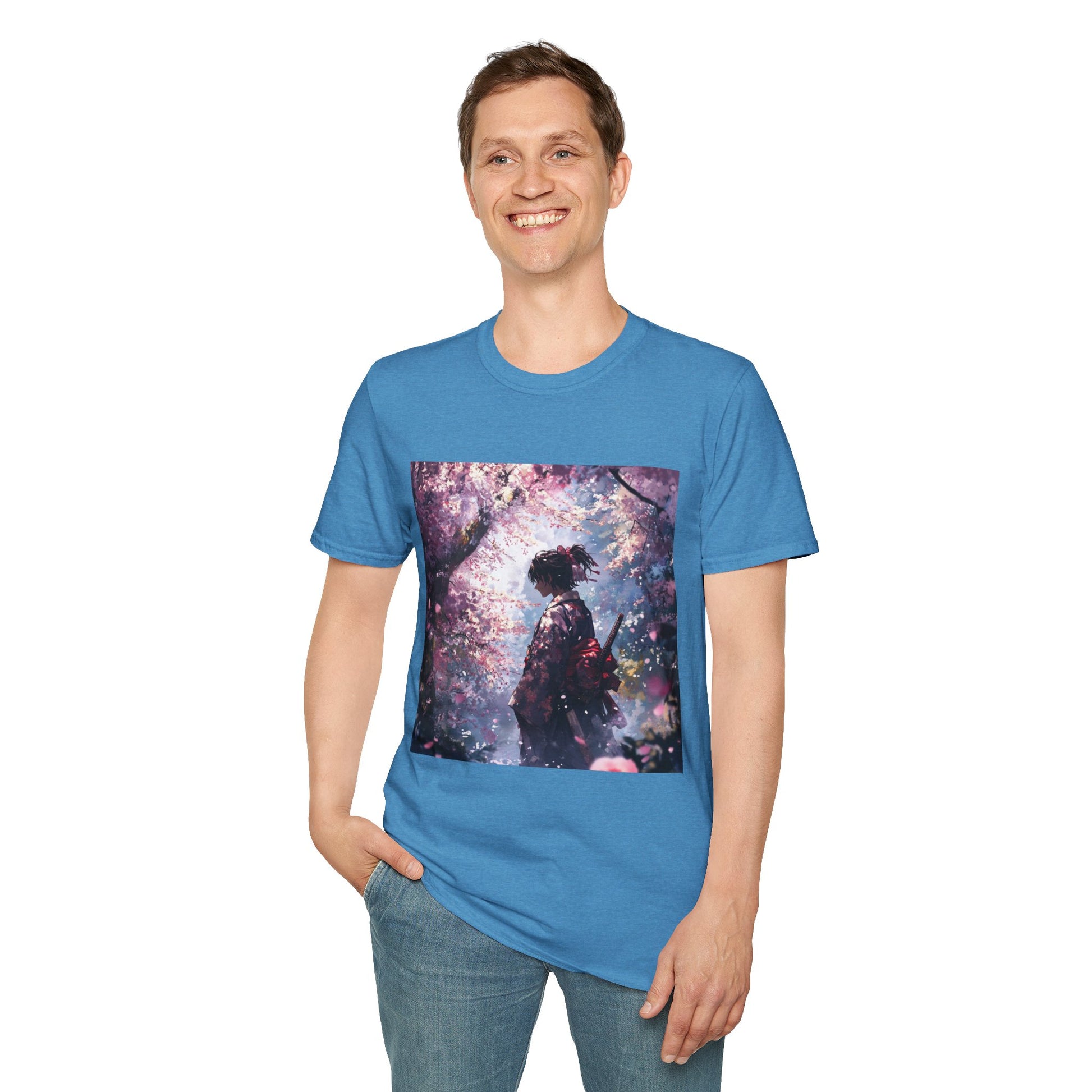 Cherry Blossom Warrior Tee -  samurai cherry blossom japanese culture anime shirt graphic tee unisex Cherry Blossom Samurai Tee – Ornate samurai beneath pink blossoms with katana sheathed