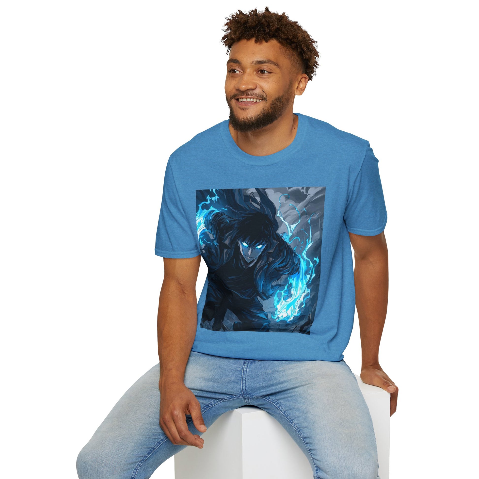 Solo Leveling Shadow Monarch Tee -  solo leveling sung jin woo shadow monarch anime shirt graphic tee unisex Shadow Monarch Tee – Sung Jin Woo engulfed in blue flames with glowing eyes