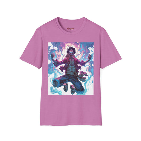 Luffy Pirate King Tee -  one piece luffy pirate king anime shirt graphic tee unisex King of the Pirates Tee – Luffy mid-air with red shirt, fists clenched and cosmic energy