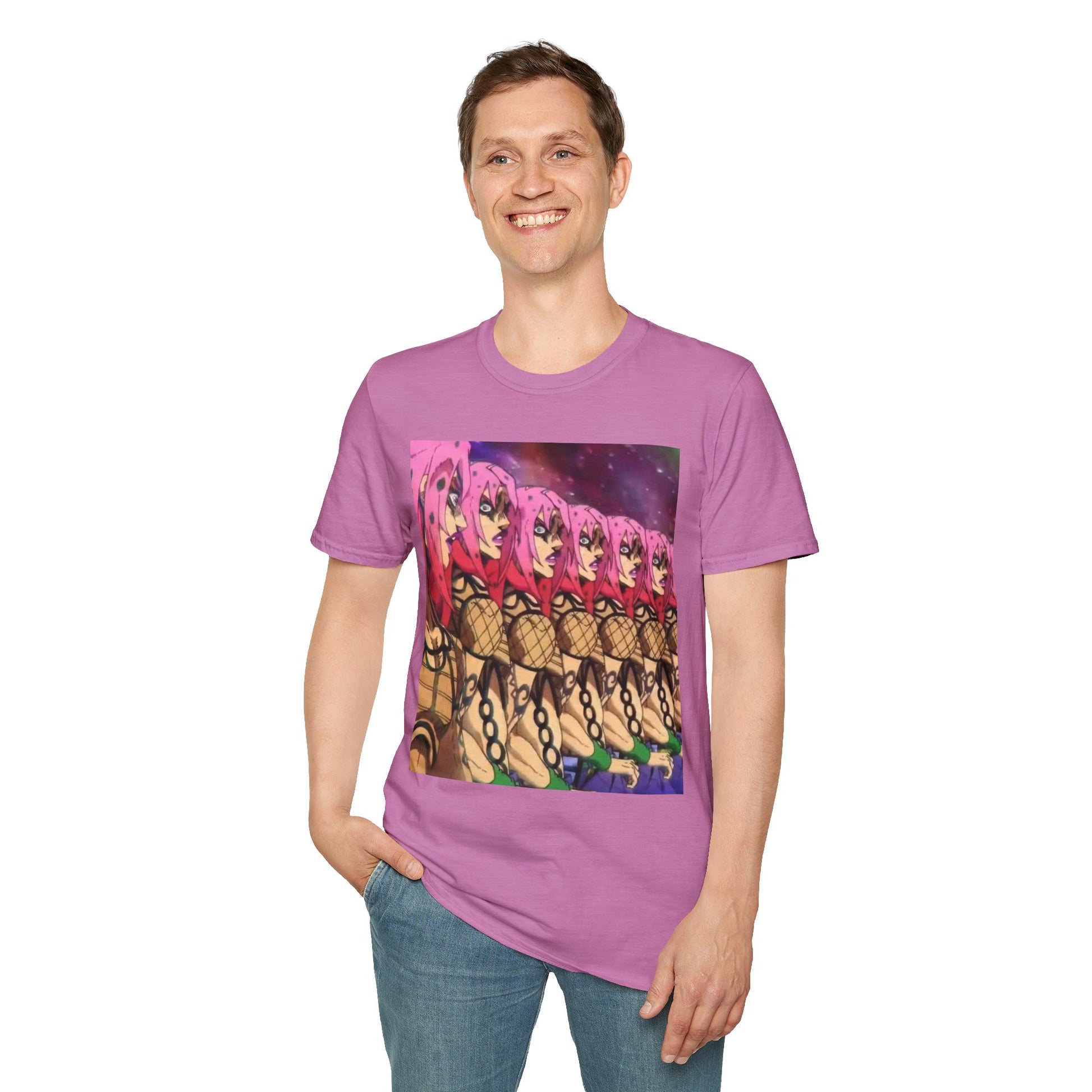 Diavolo Infinite Loop Tee -  jojo diavolo king crimson anime shirt graphic tee unisex Diavolo Death Loop Tee – Diavolo caught in cosmic loop with pink hair and cryptic tattoos