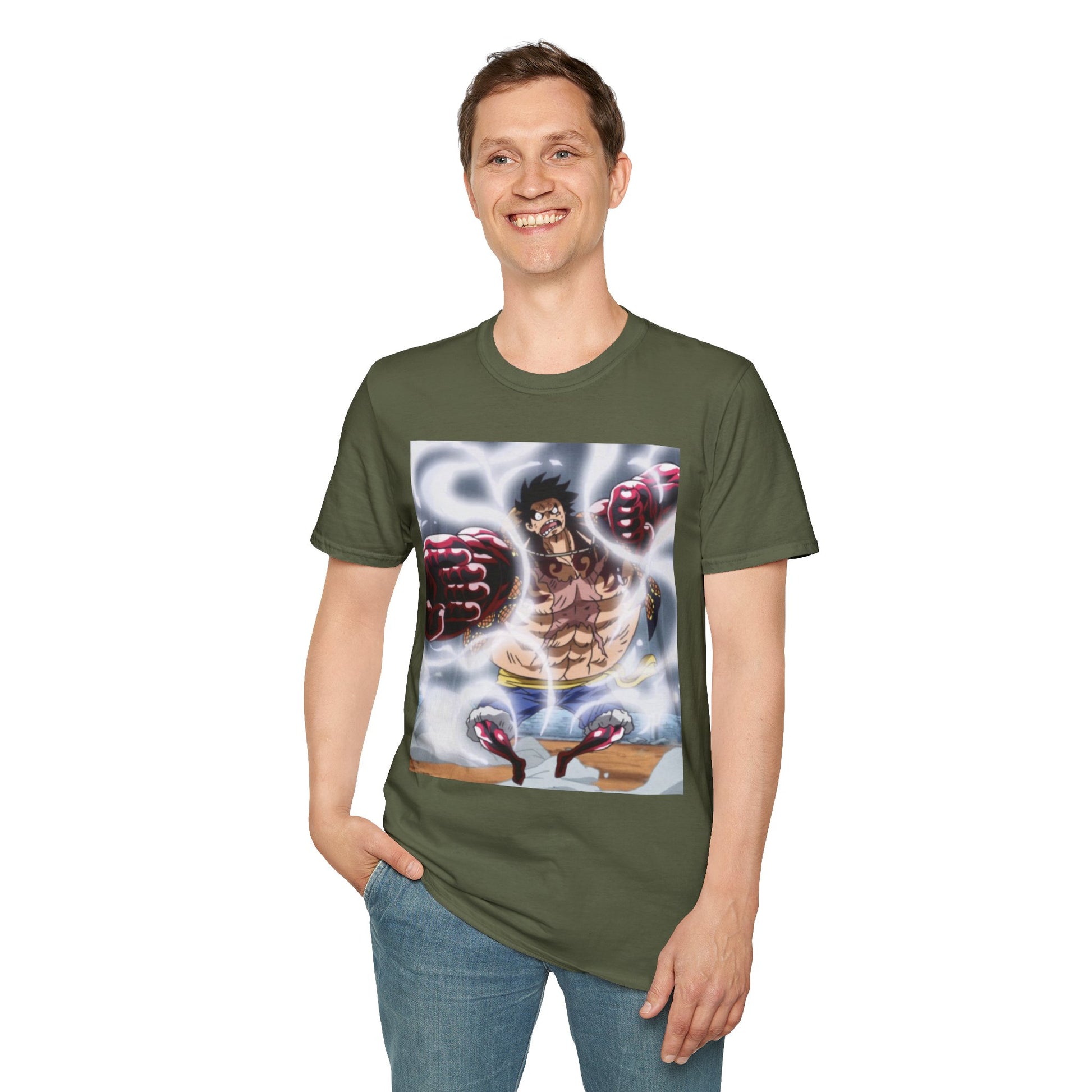 Luffy Gear 4 Anime Tee -  one piece luffy gear 4 bounce man anime shirt graphic tee unisex Gear 4 Bounce Man Tee – Luffy in Gear 4 transformation with Haki aura