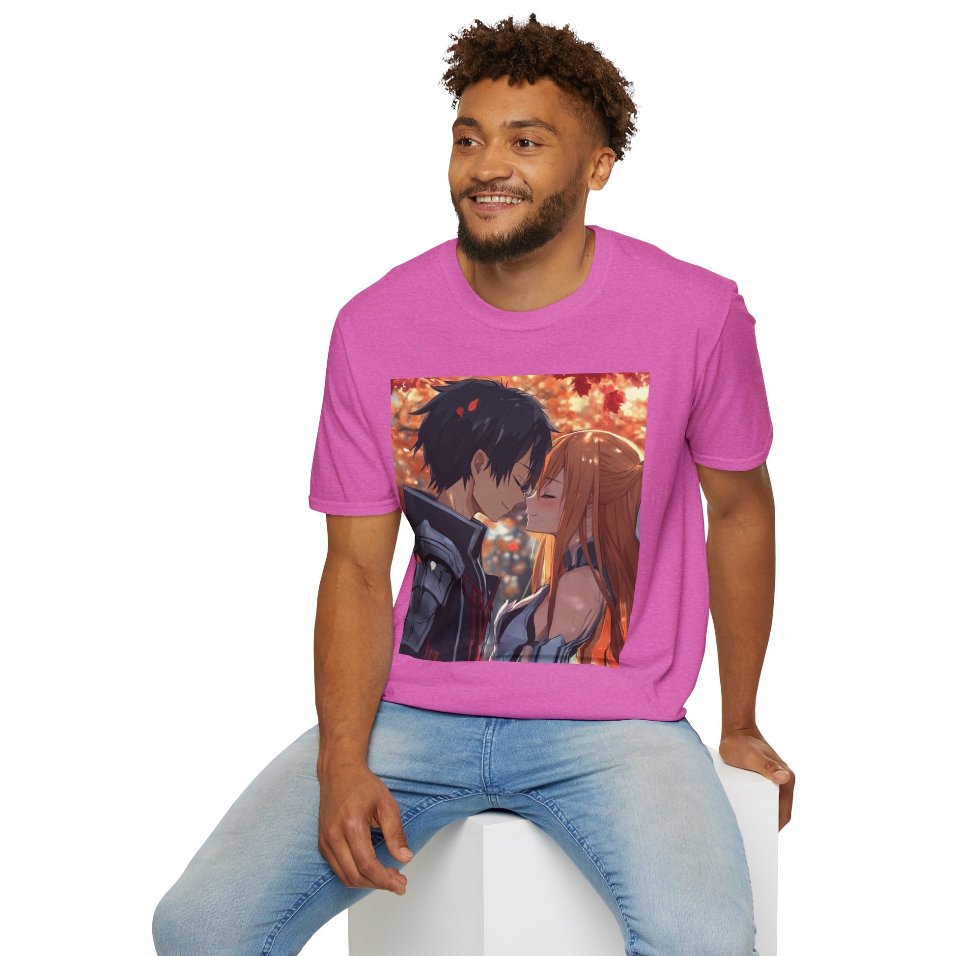 Black Knight Fantasy Tee -  fantasy romance black knight anime shirt graphic tee unisex Black Knight & Golden Flash Tee – Kirito and Asuna under autumn leaves