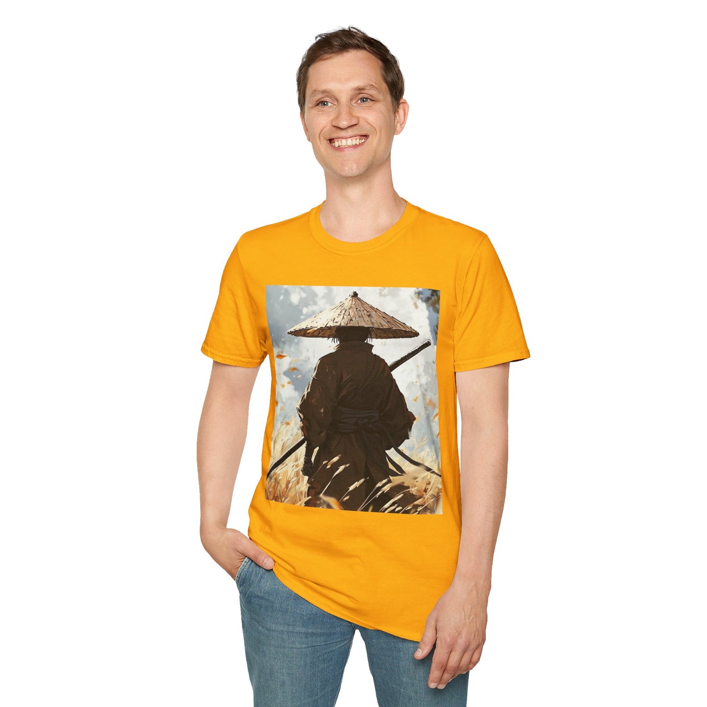 Vagabond Samurai Tee - samurai vagabond japanese culture anime shirt graphic tee unisex Vagabond Swordsman Tee – Lone samurai in windswept field with katana and falling autumn leaves