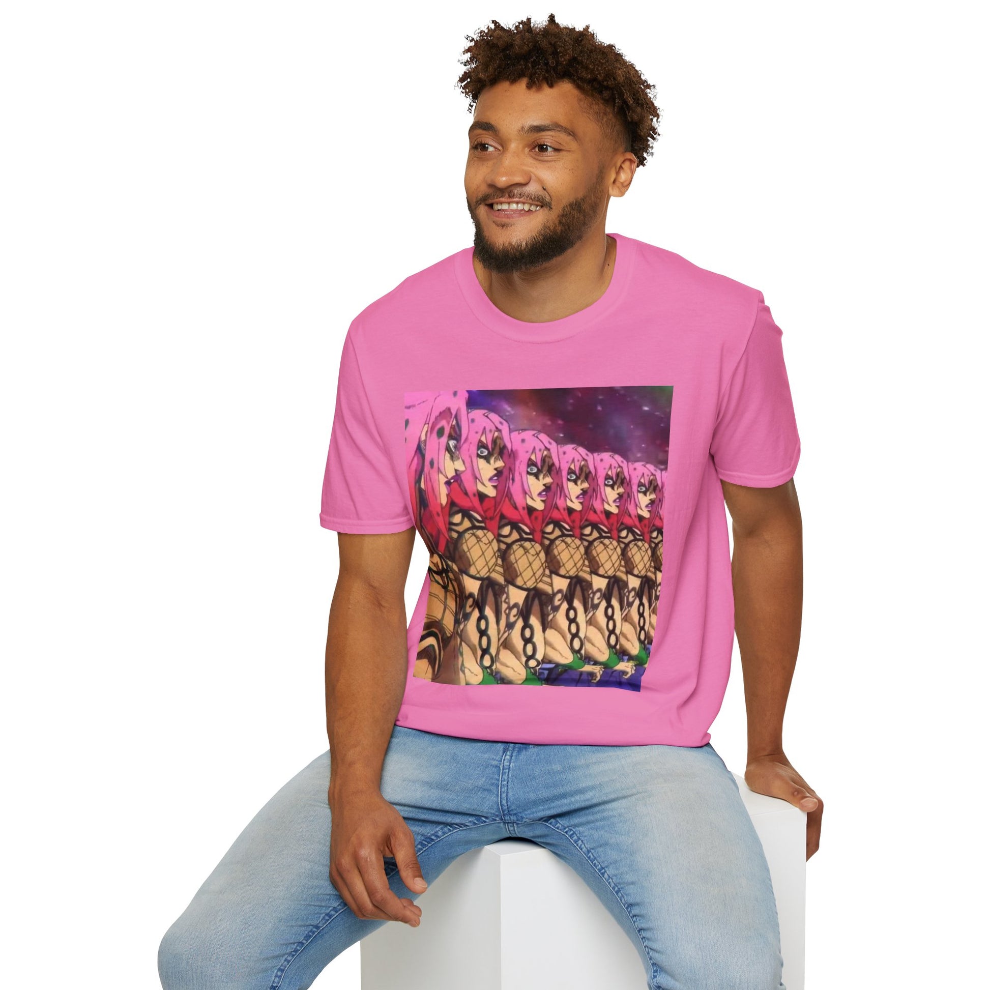 Diavolo Infinite Loop Tee -  jojo diavolo king crimson anime shirt graphic tee unisex Diavolo Death Loop Tee – Diavolo caught in cosmic loop with pink hair and cryptic tattoos