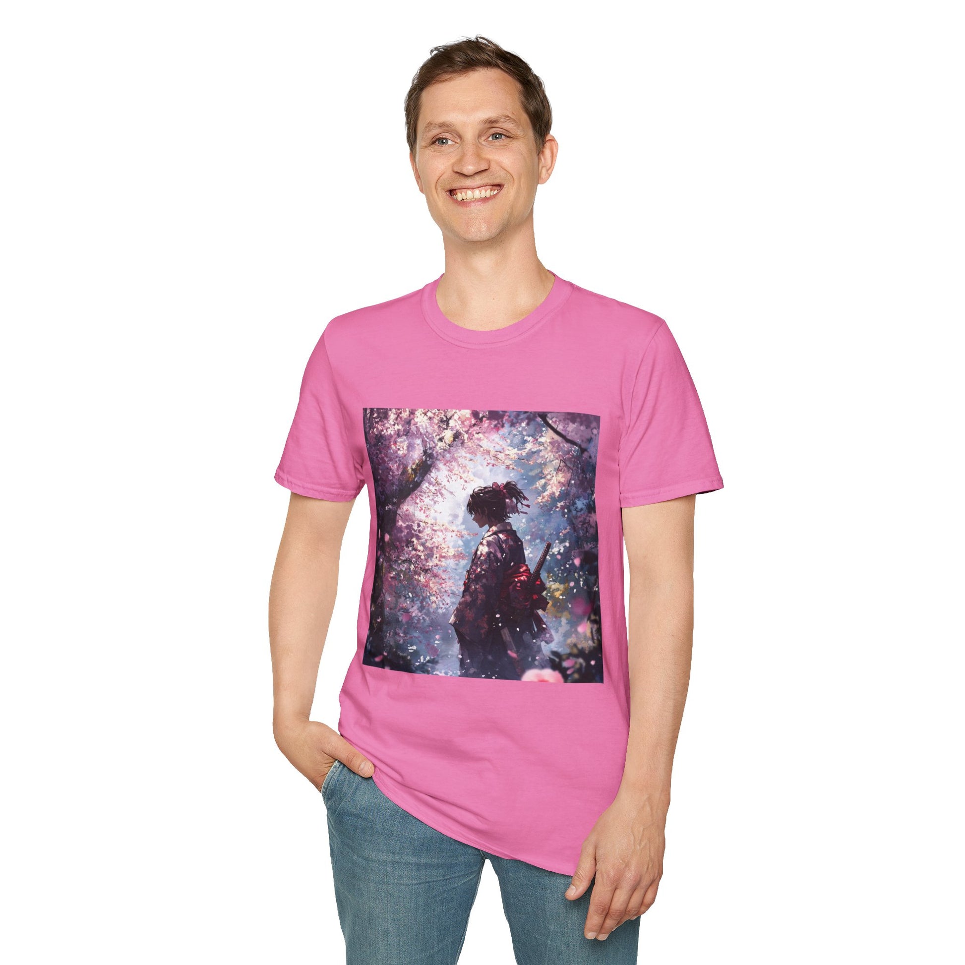 Cherry Blossom Warrior Tee -  samurai cherry blossom japanese culture anime shirt graphic tee unisex Cherry Blossom Samurai Tee – Ornate samurai beneath pink blossoms with katana sheathed