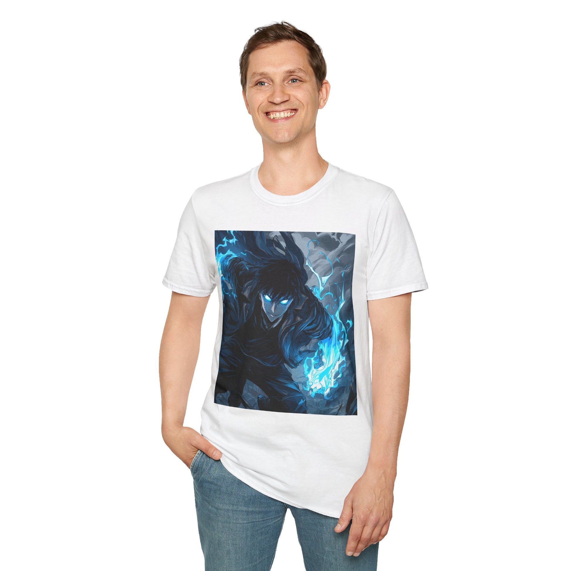Solo Leveling Shadow Monarch Tee -  solo leveling sung jin woo shadow monarch anime shirt graphic tee unisex Shadow Monarch Tee – Sung Jin Woo engulfed in blue flames with glowing eyes