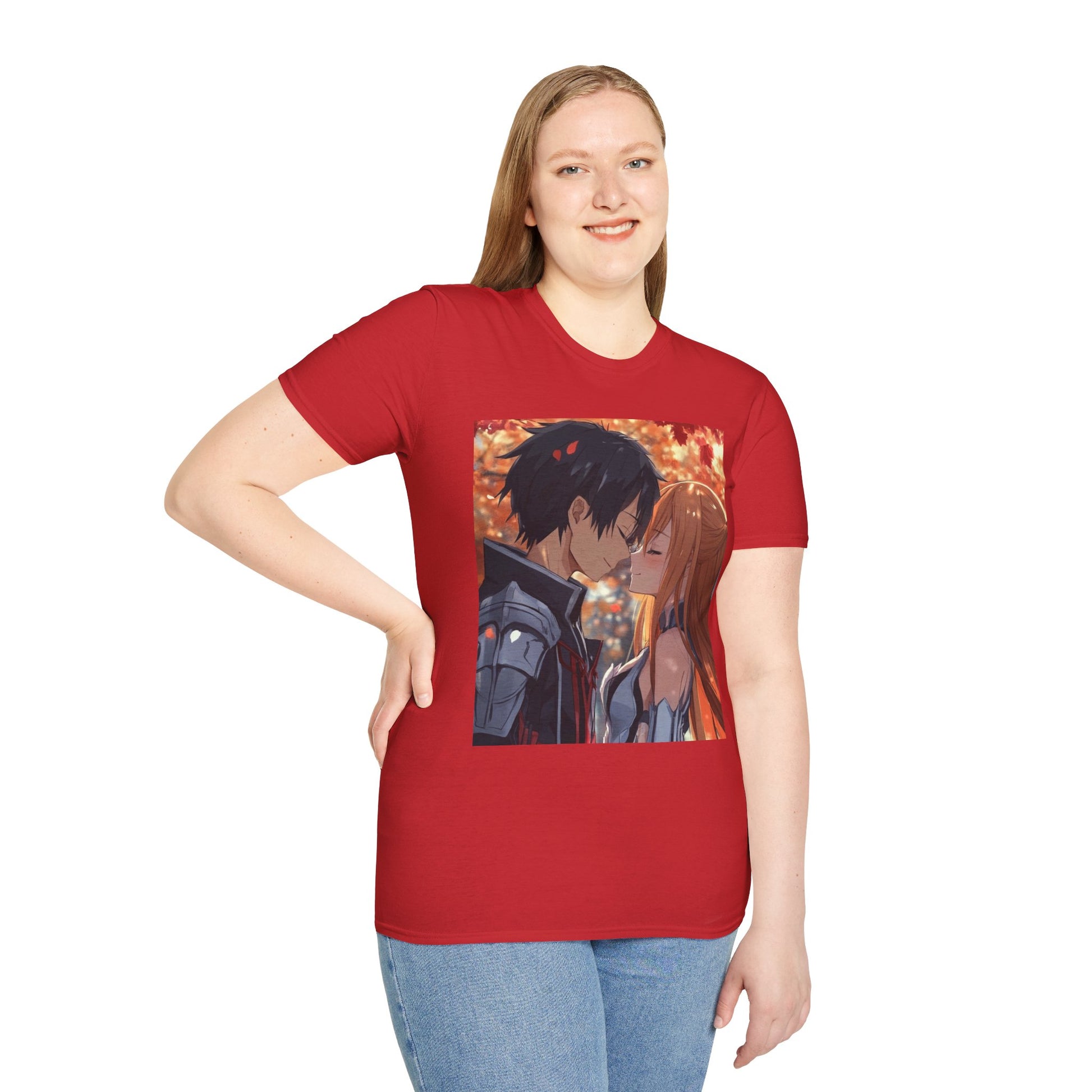 Black Knight Fantasy Tee -  fantasy romance black knight anime shirt graphic tee unisex Black Knight & Golden Flash Tee – Kirito and Asuna under autumn leaves