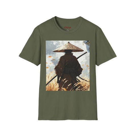 Vagabond Samurai Tee -  samurai vagabond japanese culture anime shirt graphic tee unisex Vagabond Swordsman Tee – Lone samurai in windswept field with katana and falling autumn leaves