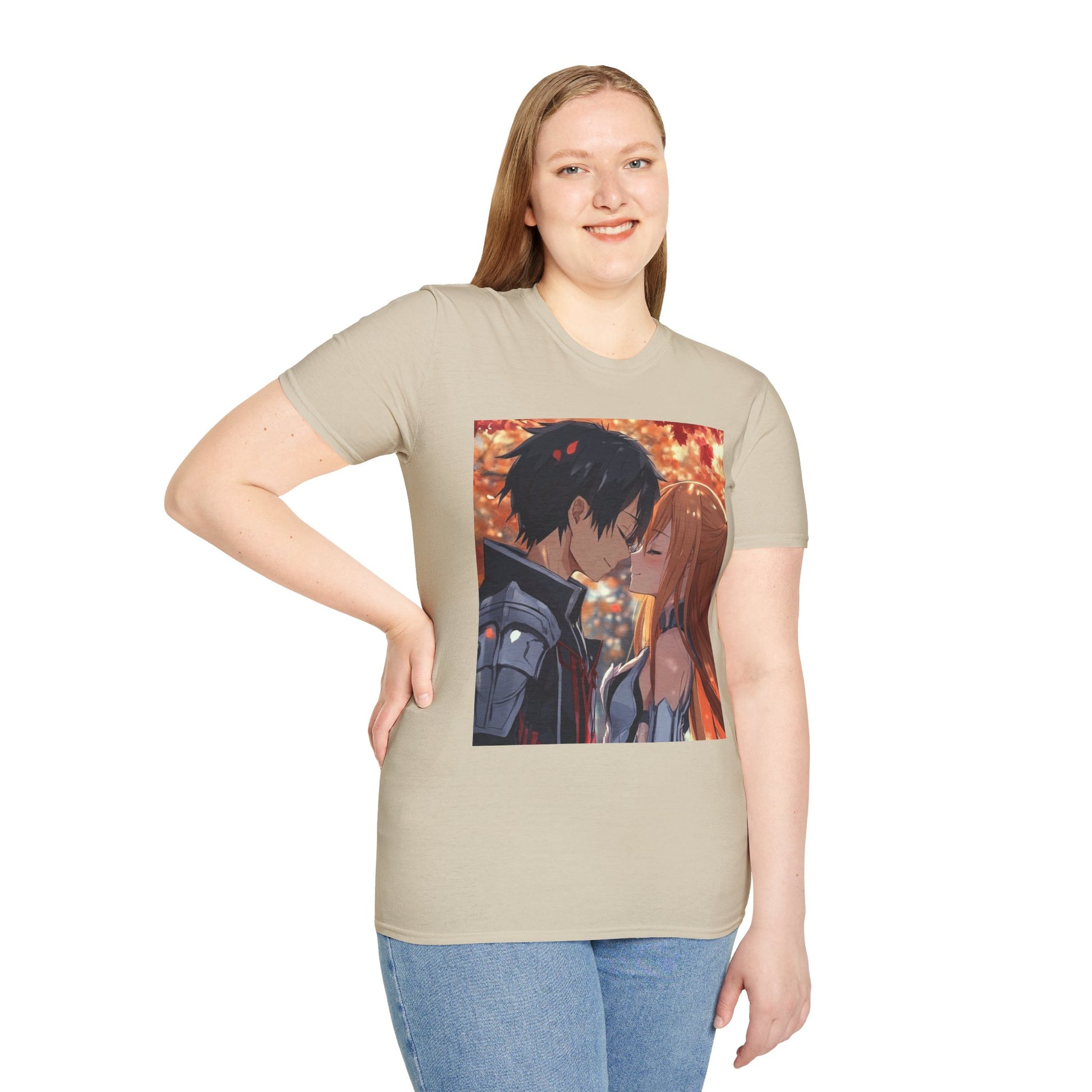 Black Knight Fantasy Tee -  fantasy romance black knight anime shirt graphic tee unisex Black Knight & Golden Flash Tee – Kirito and Asuna under autumn leaves