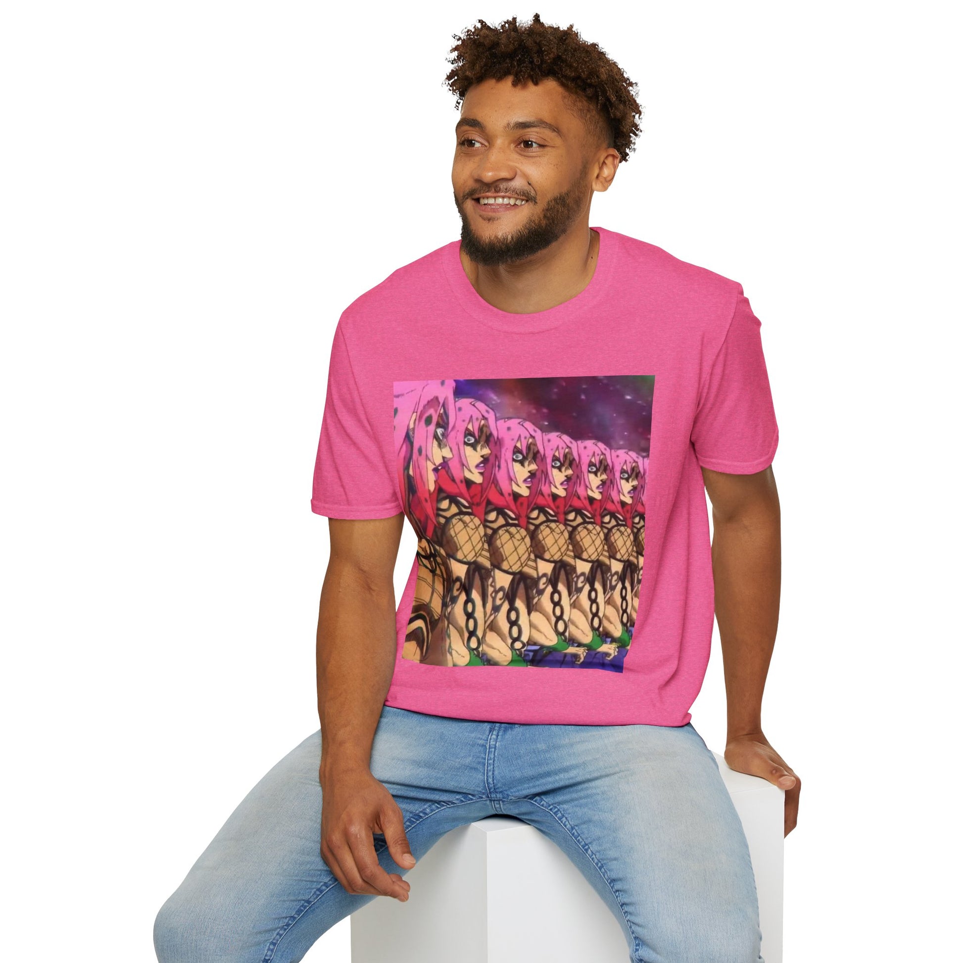 Diavolo Infinite Loop Tee -  jojo diavolo king crimson anime shirt graphic tee unisex Diavolo Death Loop Tee – Diavolo caught in cosmic loop with pink hair and cryptic tattoos