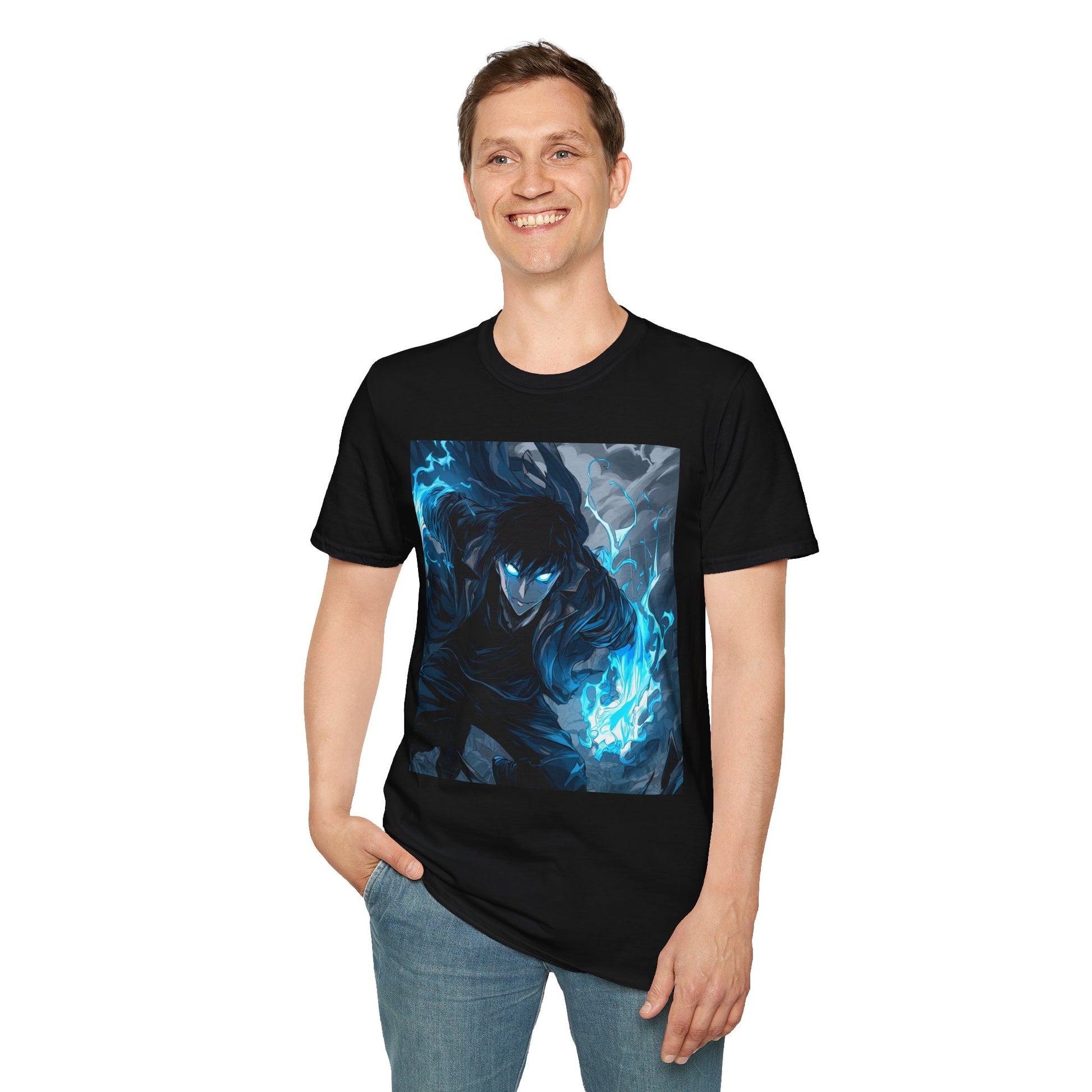 Solo Leveling Shadow Monarch Tee -  solo leveling sung jin woo shadow monarch anime shirt graphic tee unisex Shadow Monarch Tee – Sung Jin Woo engulfed in blue flames with glowing eyes