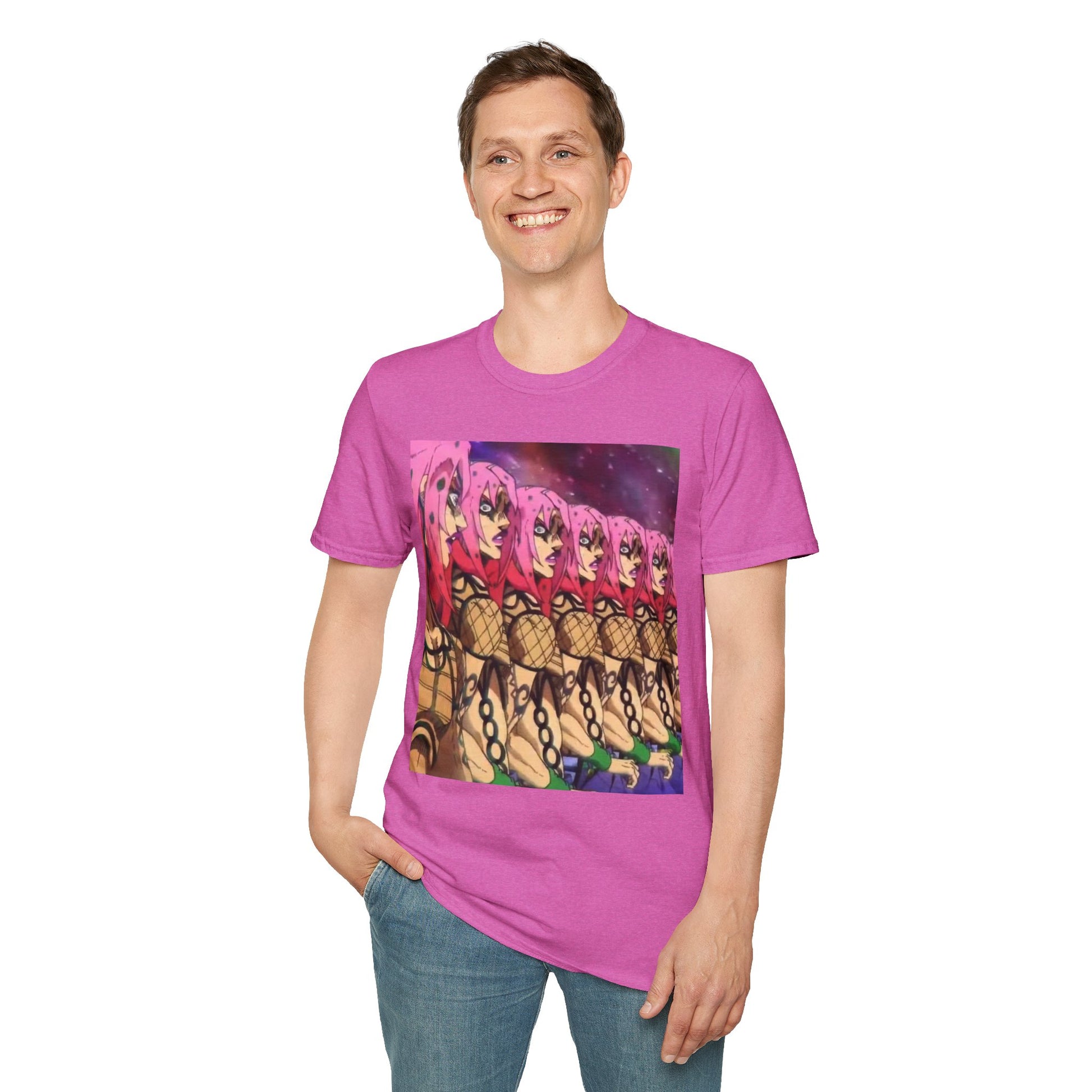 Diavolo Infinite Loop Tee -  jojo diavolo king crimson anime shirt graphic tee unisex Diavolo Death Loop Tee – Diavolo caught in cosmic loop with pink hair and cryptic tattoos