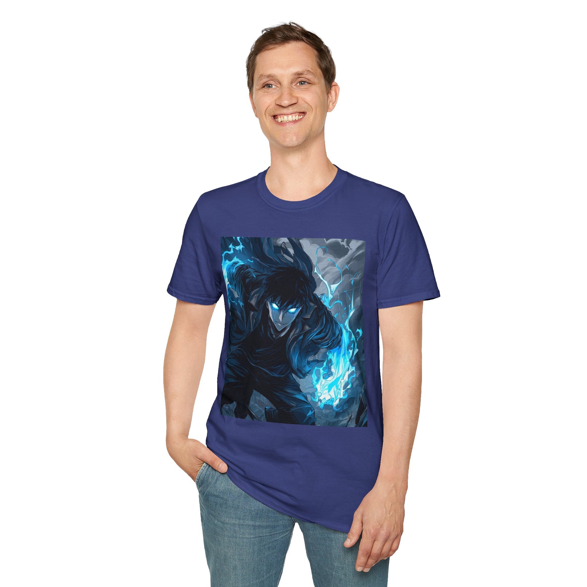 Solo Leveling Shadow Monarch Tee -  solo leveling sung jin woo shadow monarch anime shirt graphic tee unisex Shadow Monarch Tee – Sung Jin Woo engulfed in blue flames with glowing eyes