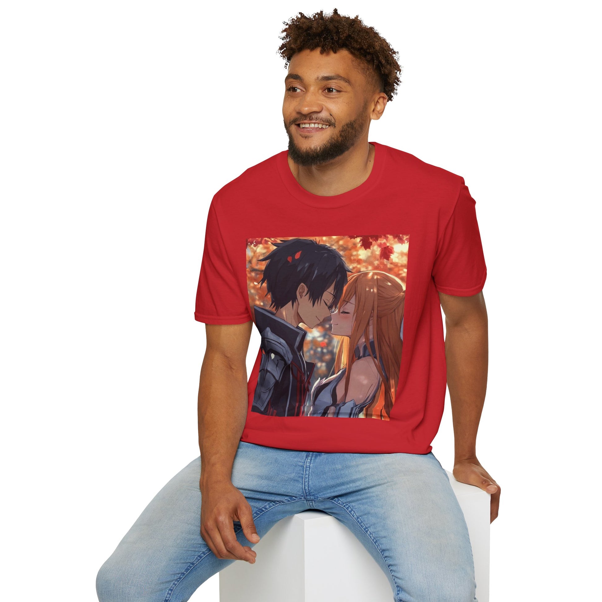 Black Knight Fantasy Tee -  fantasy romance black knight anime shirt graphic tee unisex Black Knight & Golden Flash Tee – Kirito and Asuna under autumn leaves