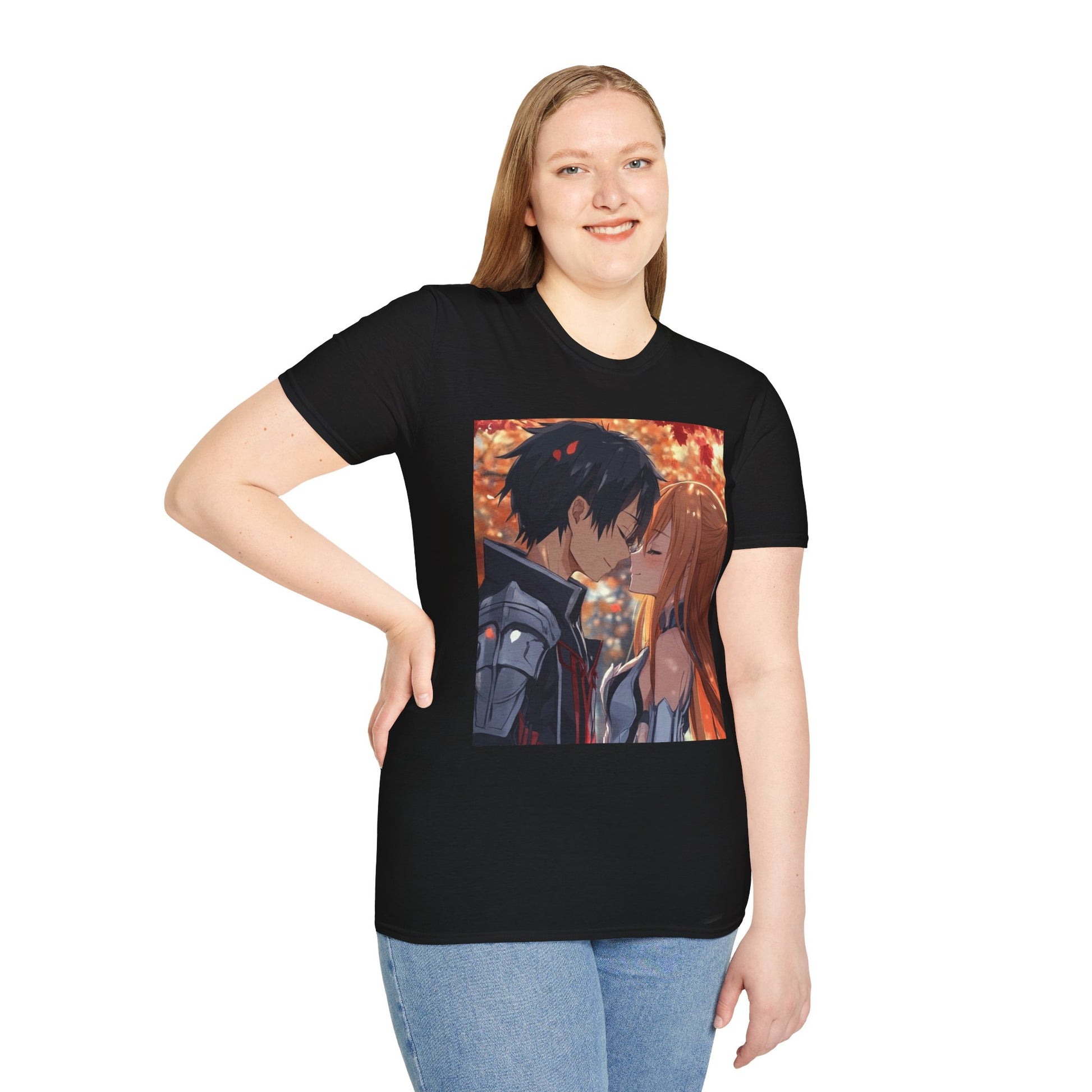 Black Knight Fantasy Tee -  fantasy romance black knight anime shirt graphic tee unisex Black Knight & Golden Flash Tee – Kirito and Asuna under autumn leaves