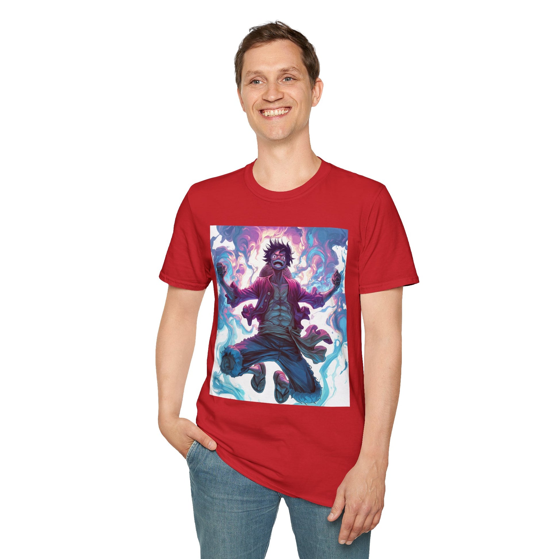 Luffy Pirate King Tee -  one piece luffy pirate king anime shirt graphic tee unisex King of the Pirates Tee – Luffy mid-air with red shirt, fists clenched and cosmic energy