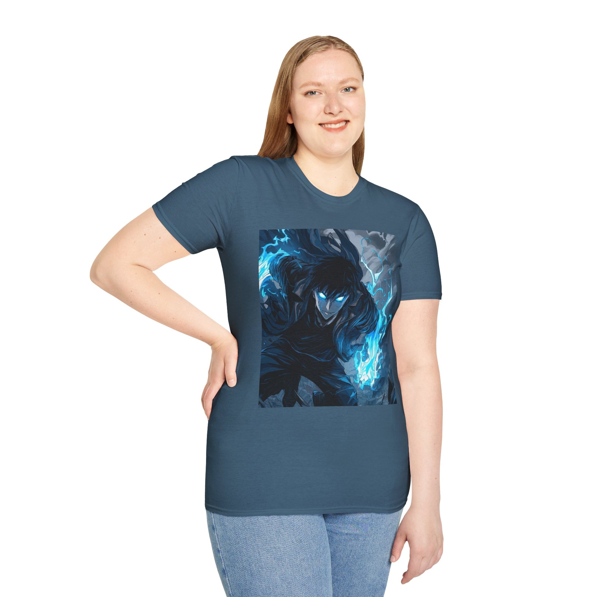Solo Leveling Shadow Monarch Tee -  solo leveling sung jin woo shadow monarch anime shirt graphic tee unisex Shadow Monarch Tee – Sung Jin Woo engulfed in blue flames with glowing eyes