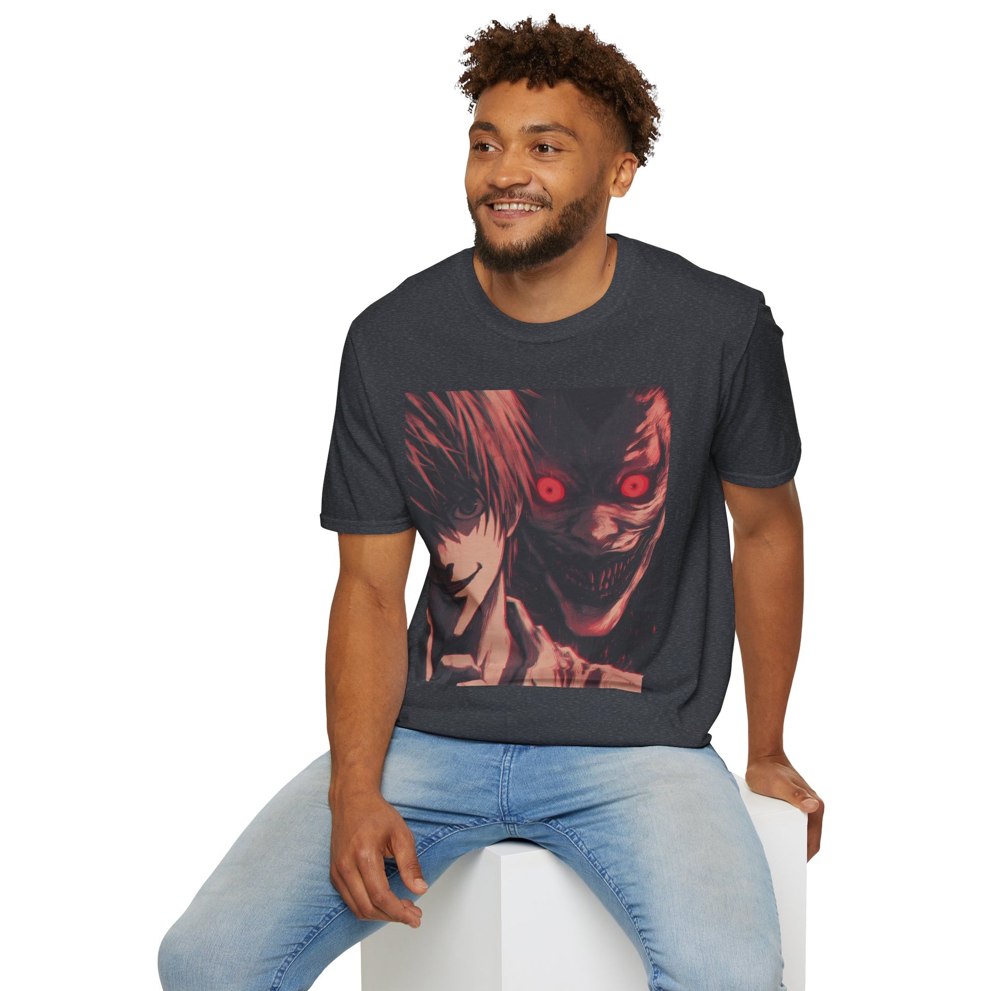 Light Yagami Crimson Tee -  death note light yagami anime shirt graphic tee unisex Crimson Light Tee – Light Yagami in crimson and black, evoking Kira’s quiet intensity with the shinigami Ryuk  gazing over his shoulder