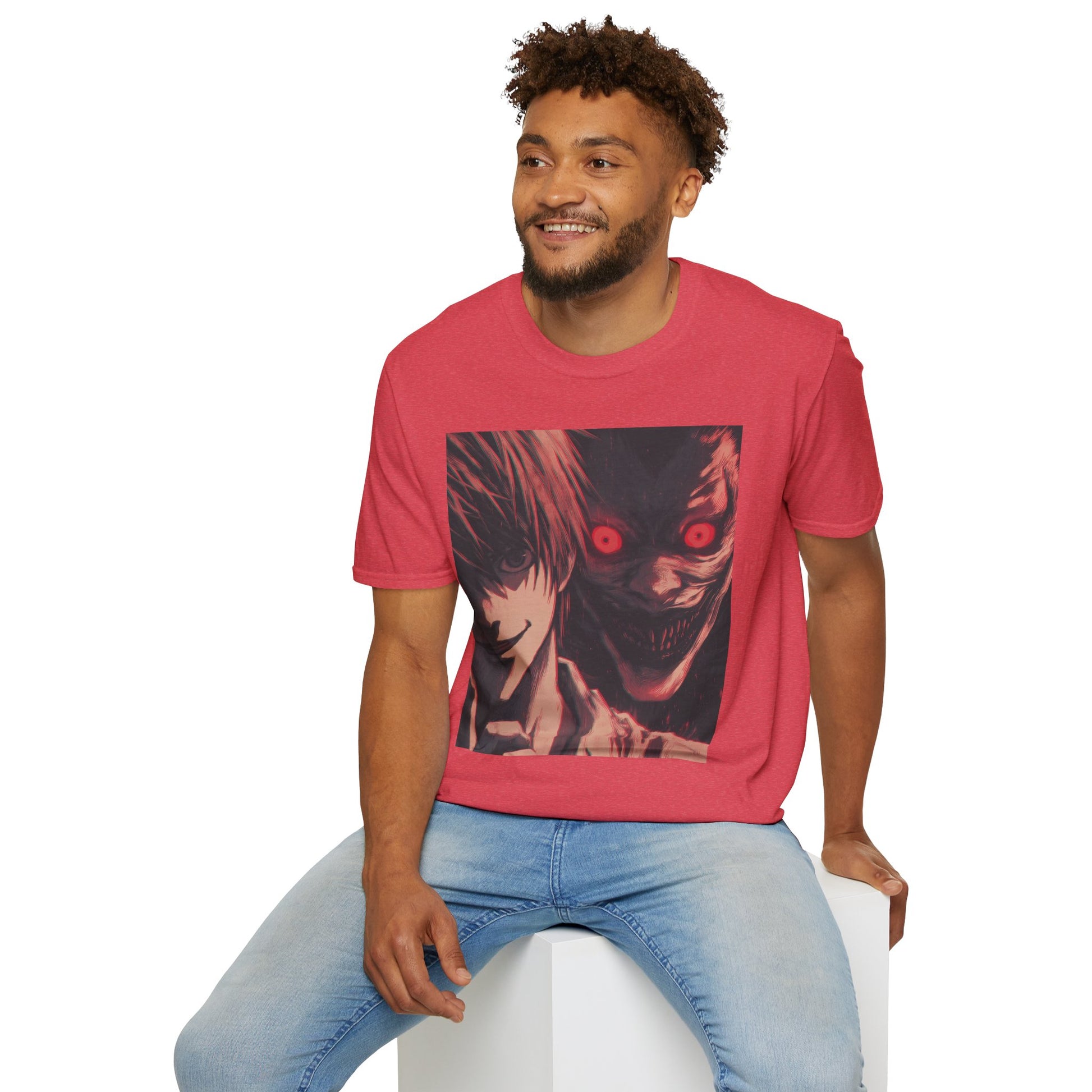 Light Yagami Crimson Tee -  death note light yagami anime shirt graphic tee unisex Crimson Light Tee – Light Yagami in crimson and black, evoking Kira’s quiet intensity with the shinigami Ryuk  gazing over his shoulder