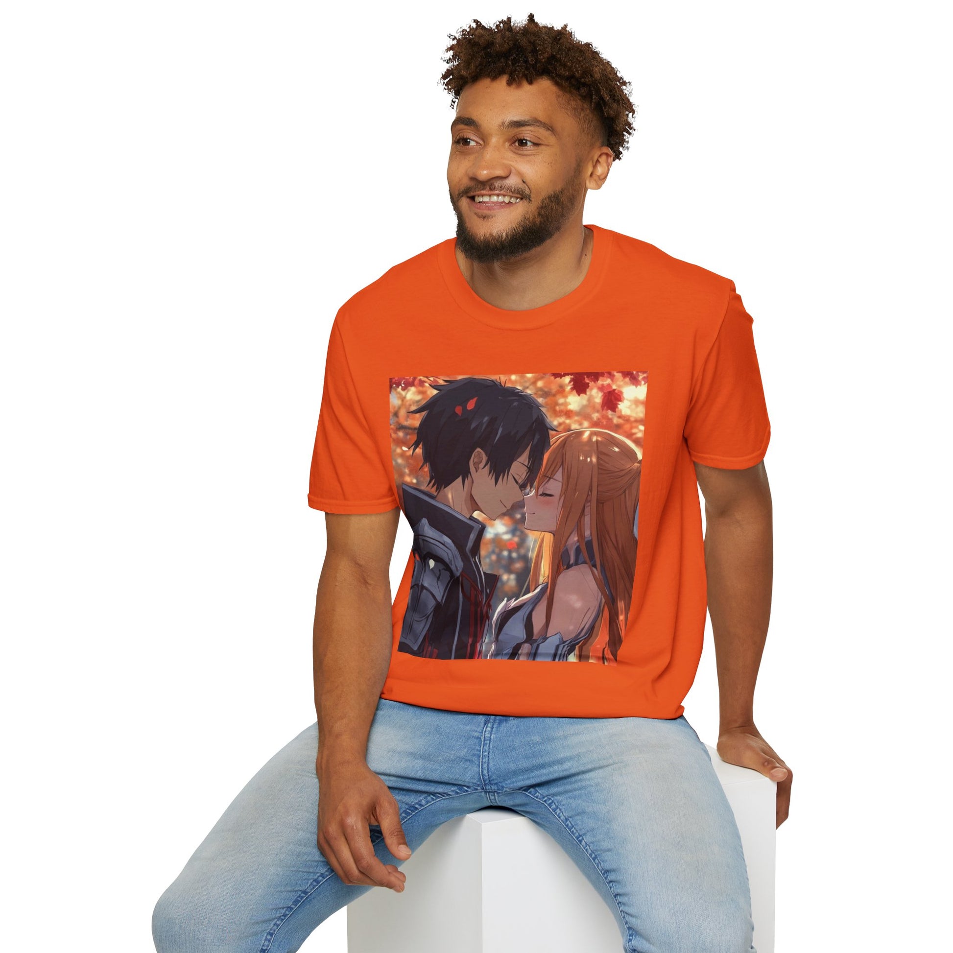 Black Knight Fantasy Tee -  fantasy romance black knight anime shirt graphic tee unisex Black Knight & Golden Flash Tee – Kirito and Asuna under autumn leaves