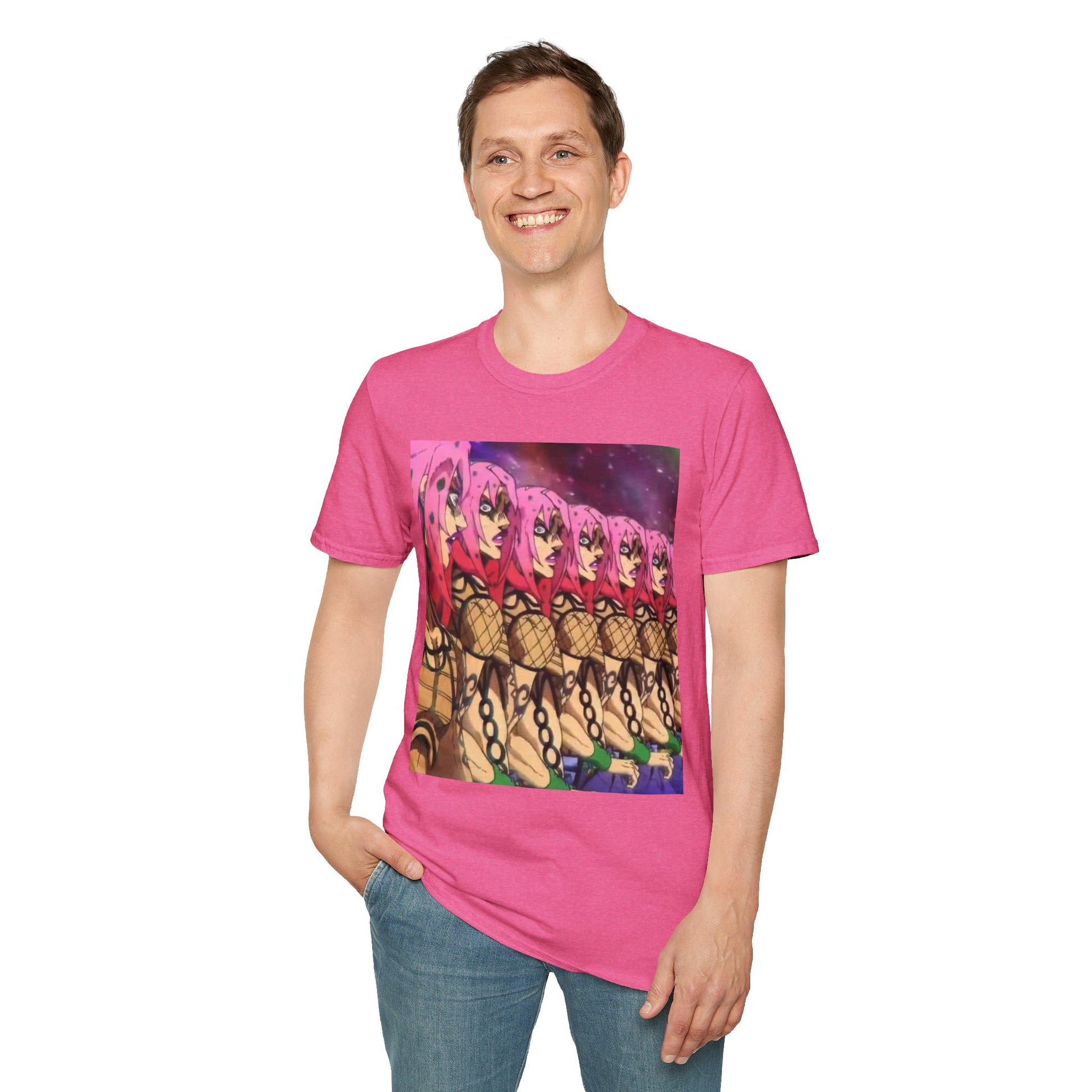 Diavolo Infinite Loop Tee -  jojo diavolo king crimson anime shirt graphic tee unisex Diavolo Death Loop Tee – Diavolo caught in cosmic loop with pink hair and cryptic tattoos