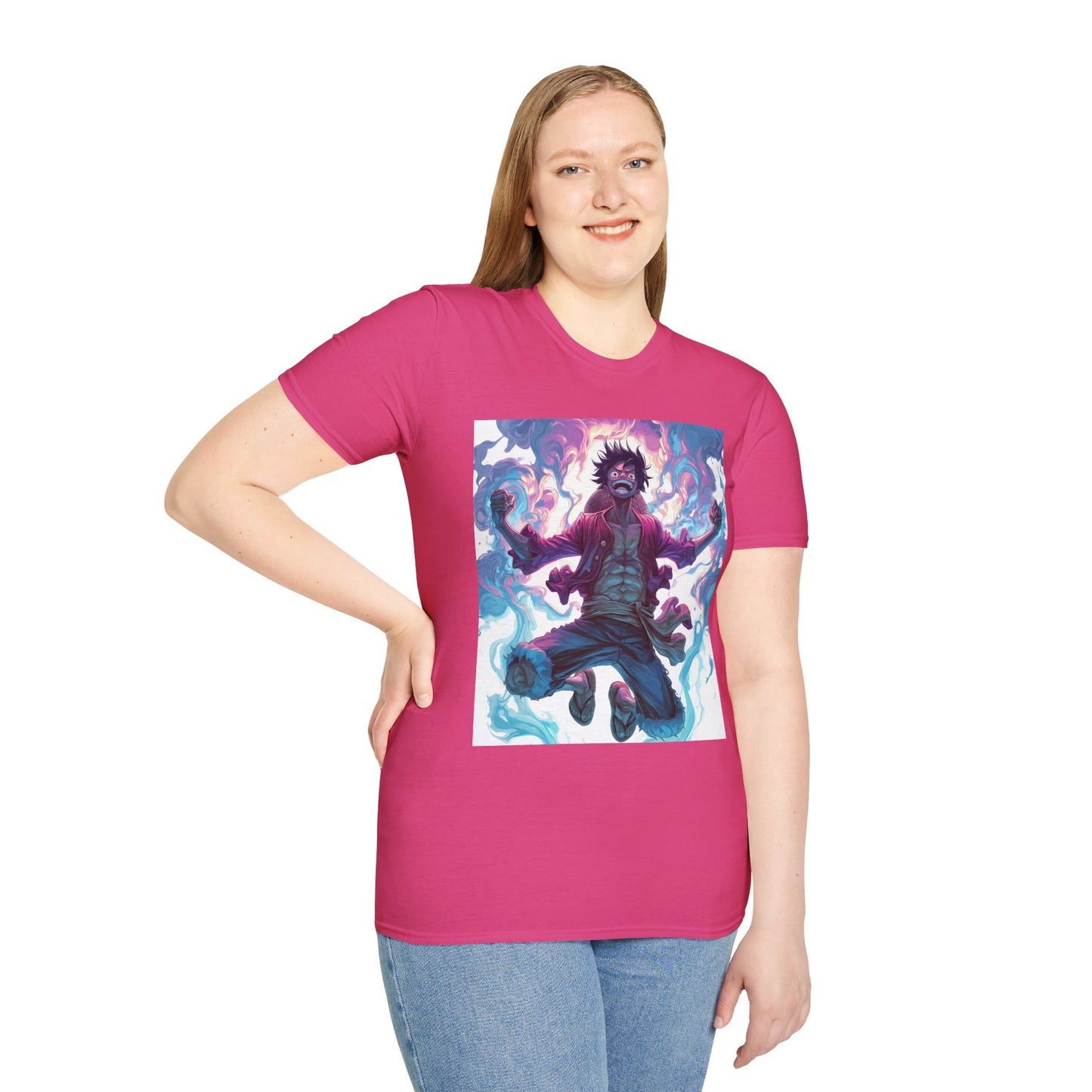 Luffy Pirate King Tee - one piece luffy pirate king anime shirt graphic tee unisex King of the Pirates Tee – Luffy mid-air with red shirt, fists clenched and cosmic energy