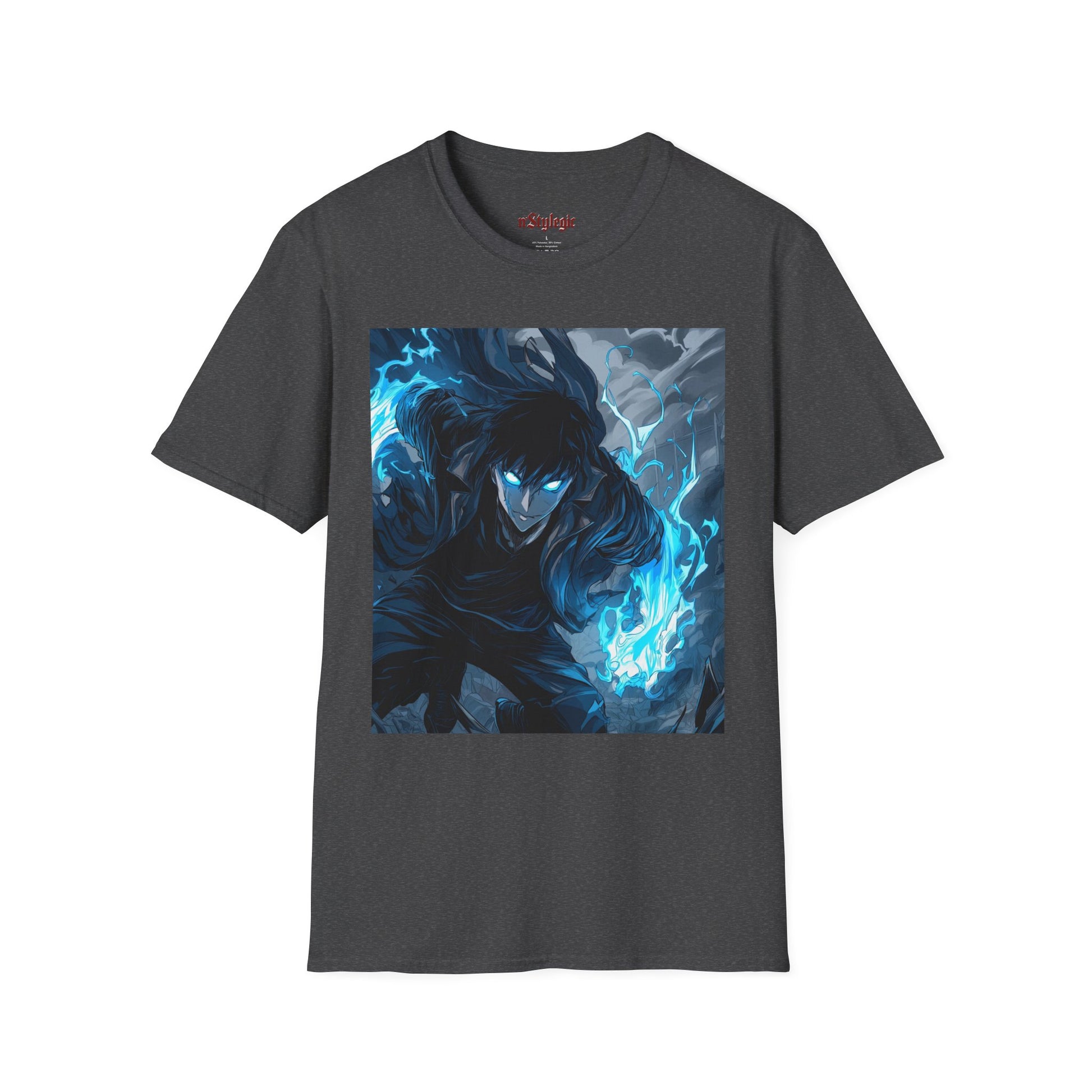 Solo Leveling Shadow Monarch Tee -  solo leveling sung jin woo shadow monarch anime shirt graphic tee unisex Shadow Monarch Tee – Sung Jin Woo engulfed in blue flames with glowing eyes