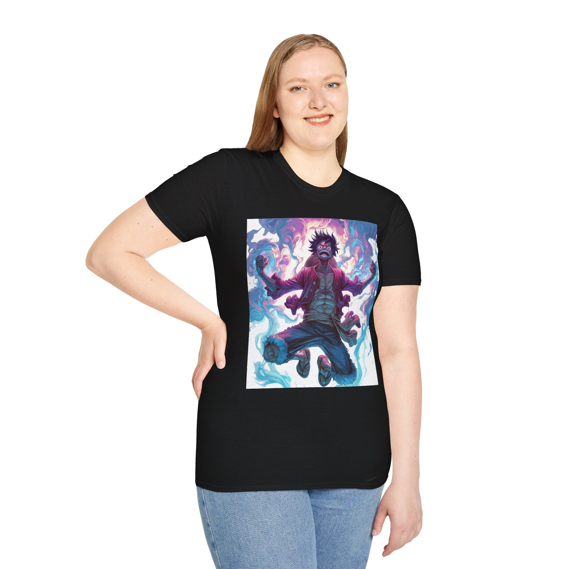 Luffy Pirate King Tee -  one piece luffy pirate king anime shirt graphic tee unisex King of the Pirates Tee – Luffy mid-air with red shirt, fists clenched and cosmic energy