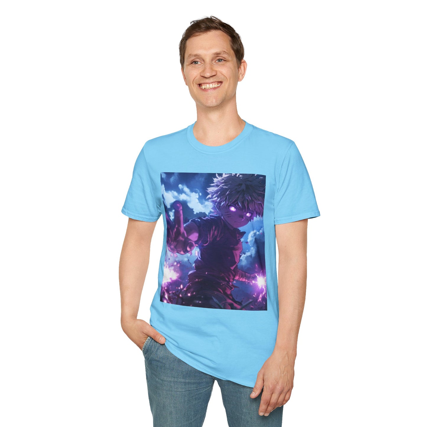 Killua Voltage Anime Tee - hunter x hunter killua anime shirt graphic tee unisex Killua Voltage Tee – Killua Zoldyck mid-lightning strike with glowing eyes and stormy backdrop