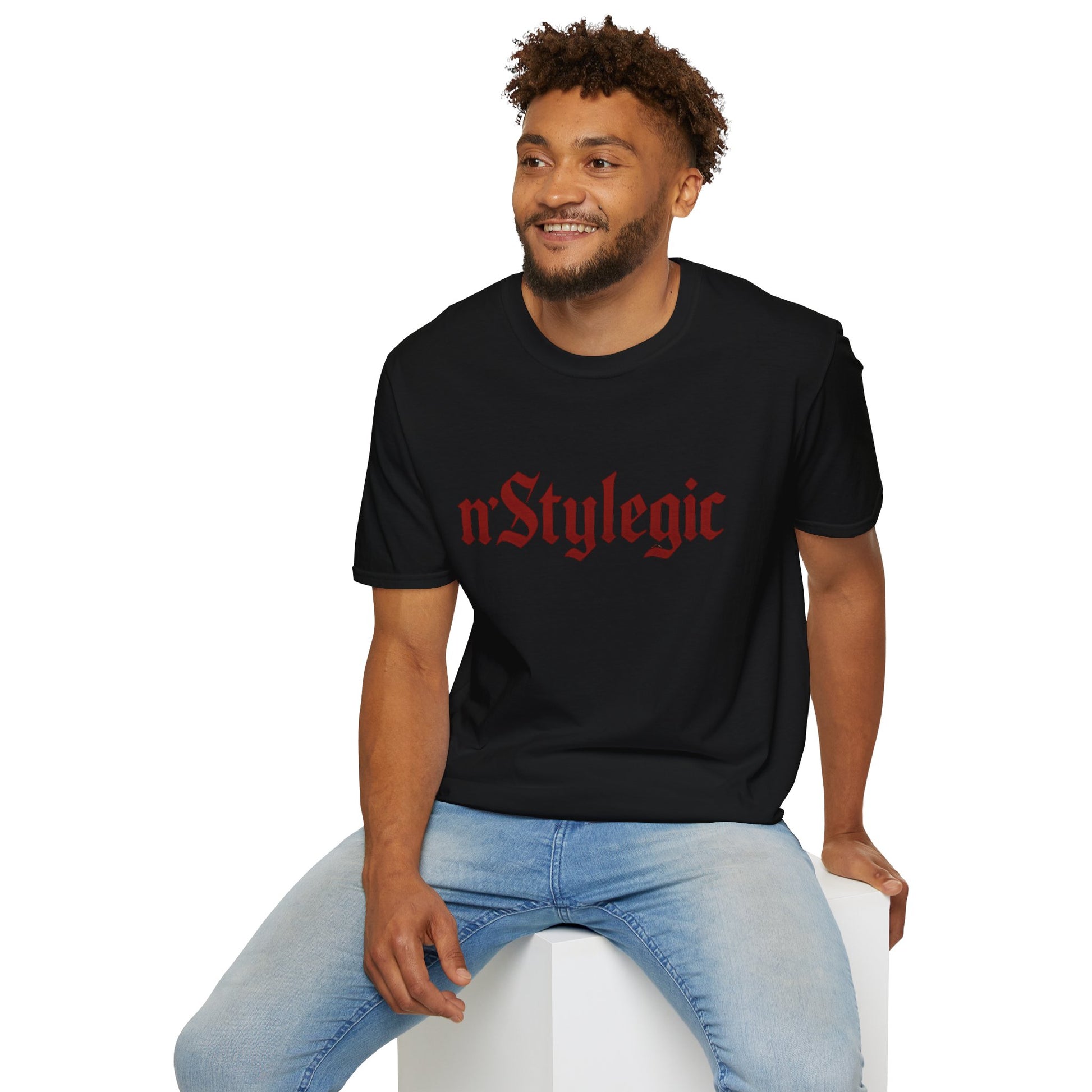 n’Stylegic Logo Streetwear Tee -  logo tee streetwear minimalist graphic tee unisex n’Stylegic Logo Tee – Gothic red logo on minimalist black shirt streetwear branding
