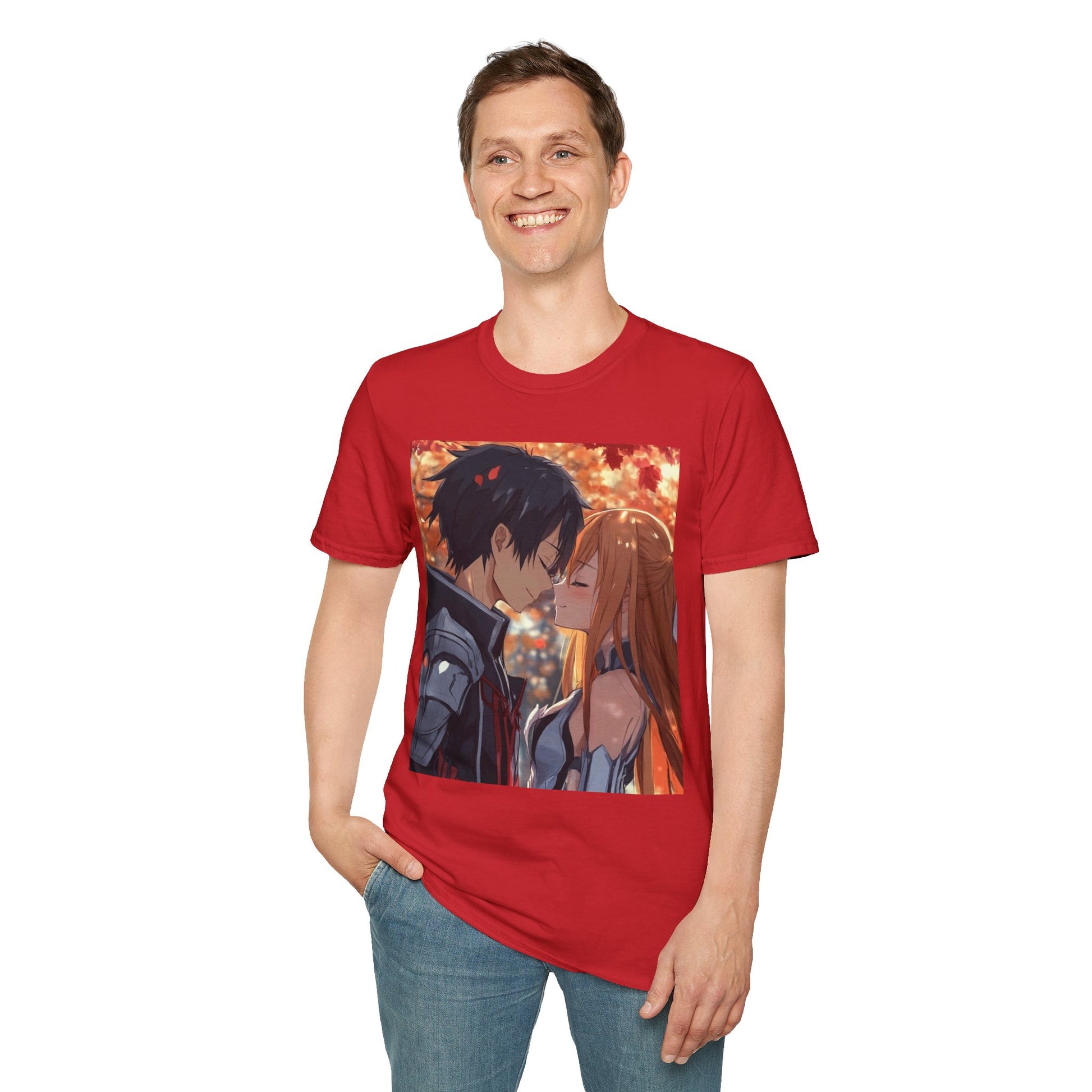 Black Knight Fantasy Tee -  fantasy romance black knight anime shirt graphic tee unisex Black Knight & Golden Flash Tee – Kirito and Asuna under autumn leaves