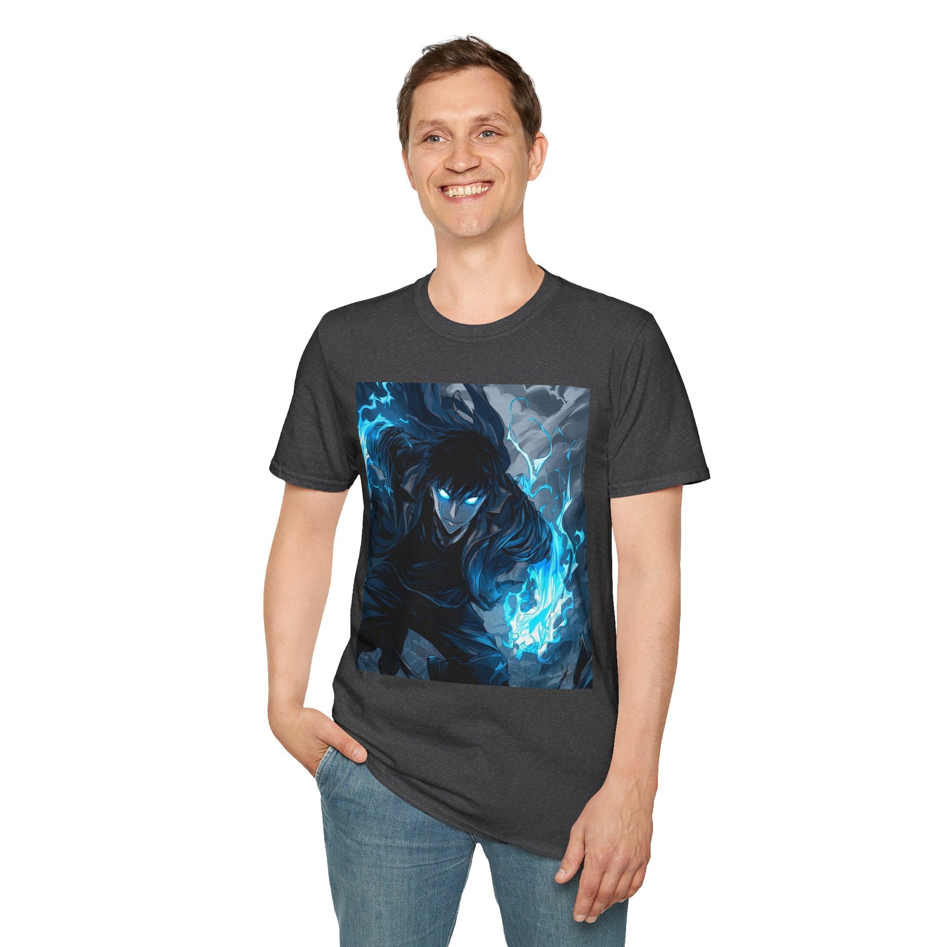 Solo Leveling Shadow Monarch Tee -  solo leveling sung jin woo shadow monarch anime shirt graphic tee unisex Shadow Monarch Tee – Sung Jin Woo engulfed in blue flames with glowing eyes