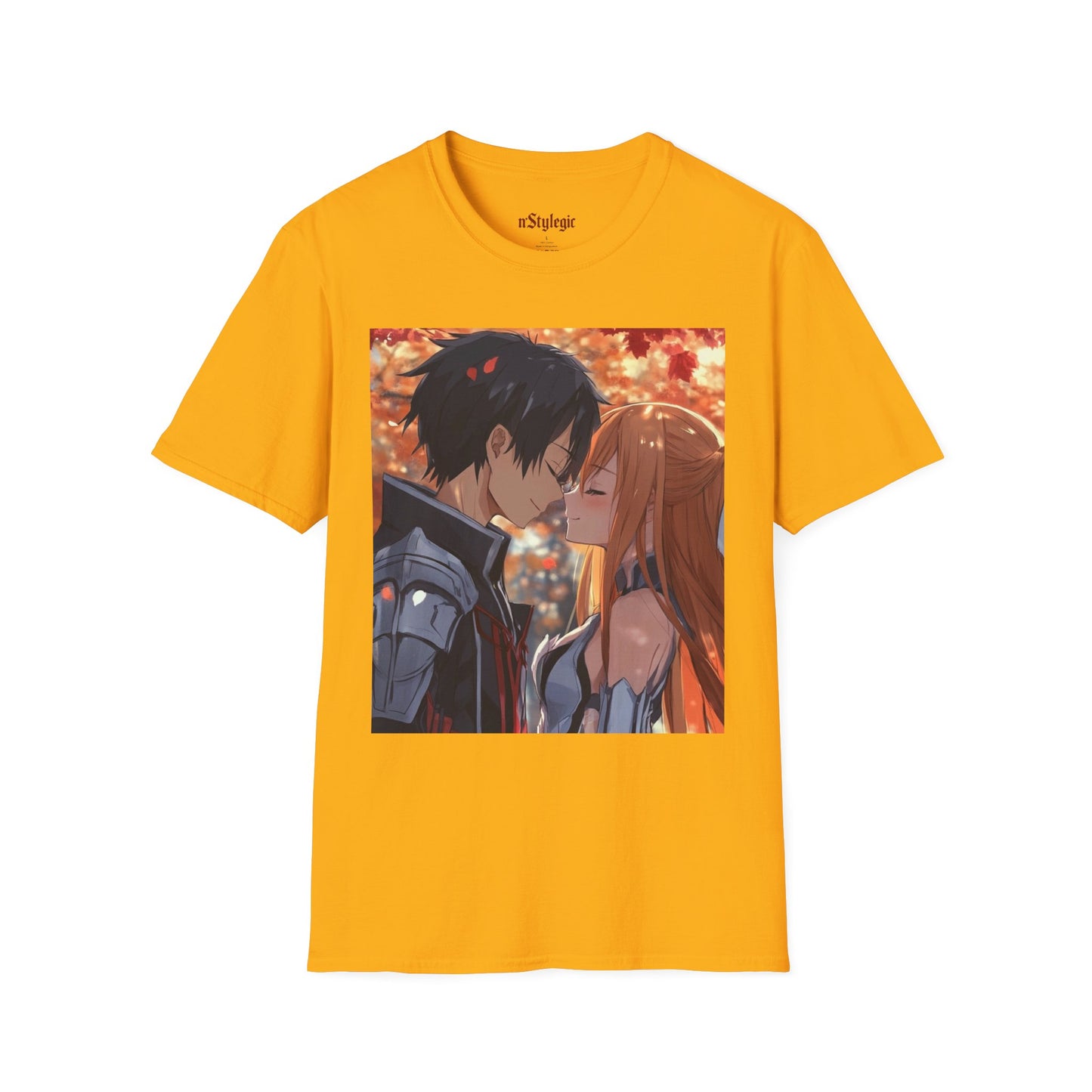 Black Knight Fantasy Tee - fantasy romance black knight anime shirt graphic tee unisex Black Knight & Golden Flash Tee – Kirito and Asuna under autumn leaves
